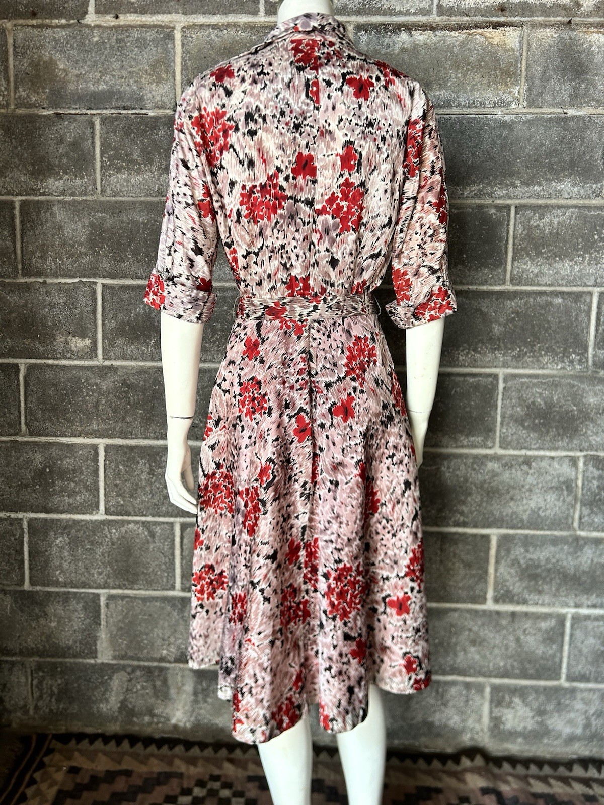 vtg 40s 50s abstract floral taffeta acetate cocktail collared Dress Rhinestones