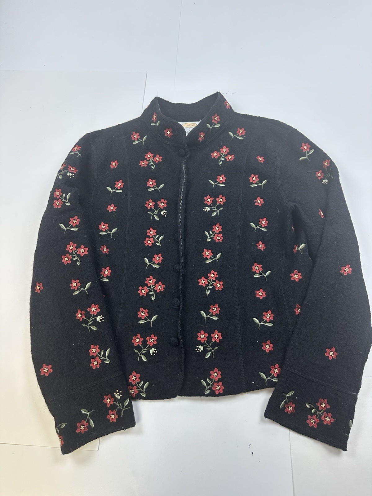 Vintage Talbots Sweater Womens Petite Small Black Embroidered Flowers 100% Wool