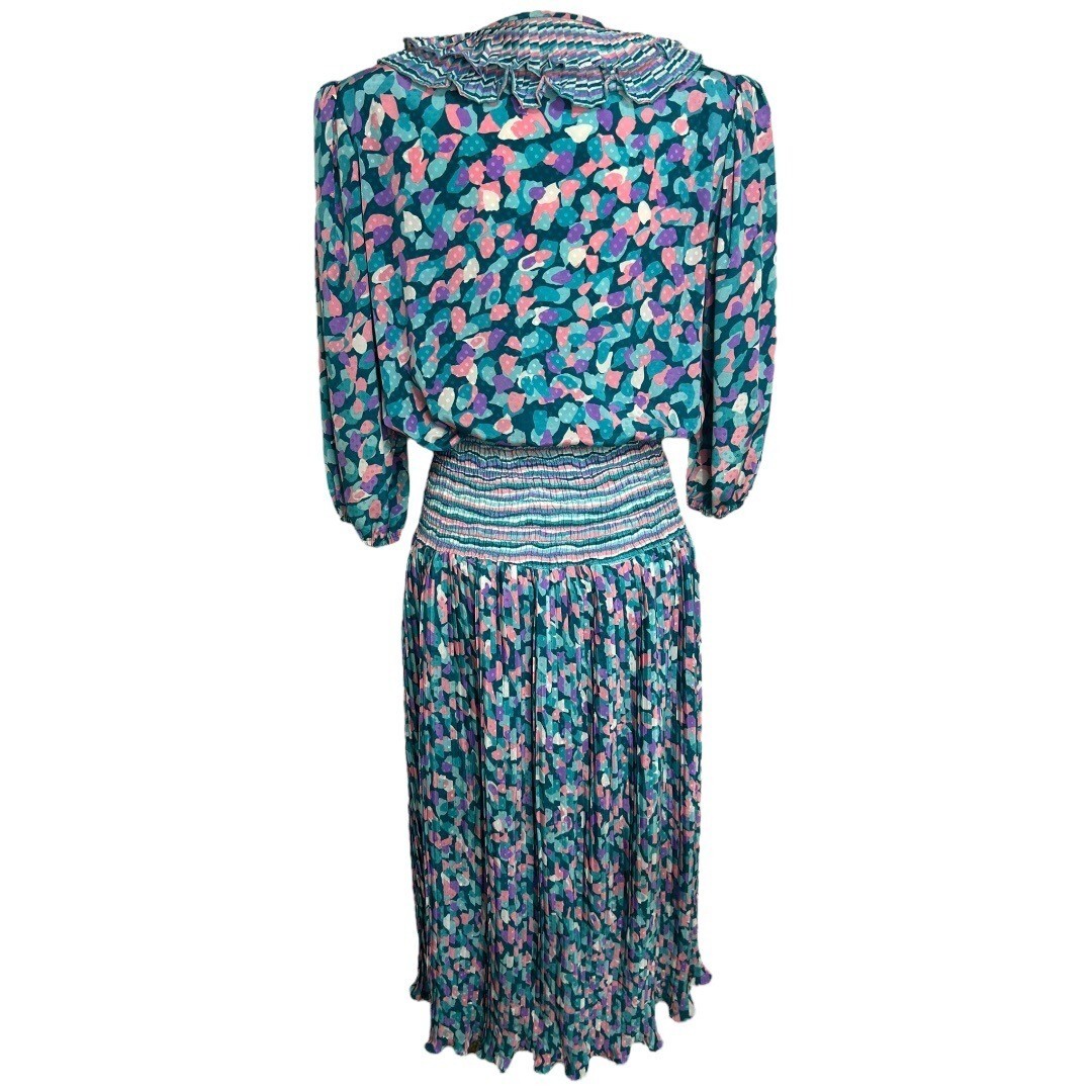 VTG Neiman Marcus Susan Freis Ruffle Collar Pleated Long Sleeve Dress Size Large