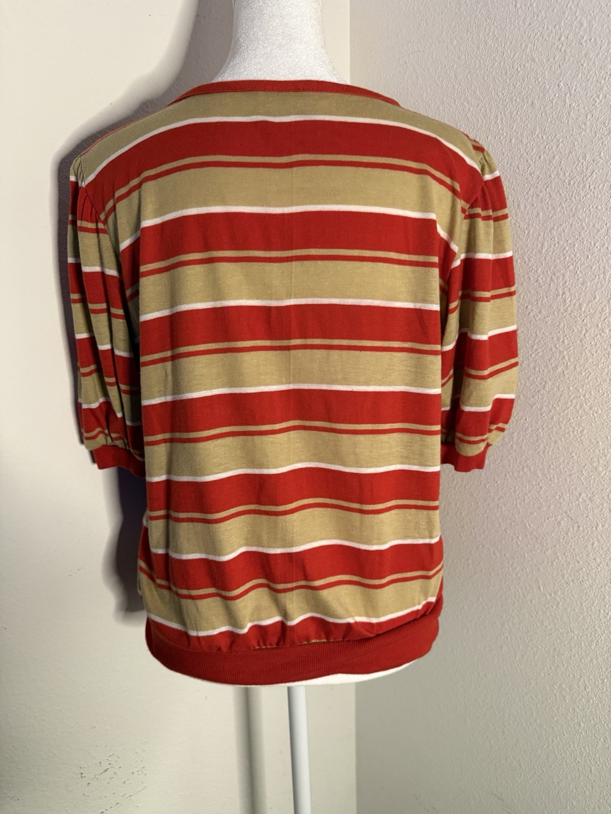VTG 70s Sears The Fashion Place Chevron Blouse Banded Waist Shirt Puff Sleeve M