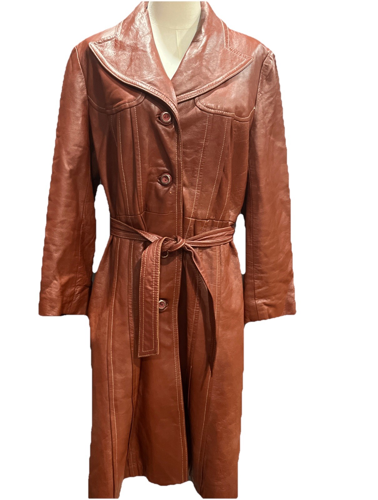 Woman’s Leather Coat Cognac Boho Mod Groovy Disco 70s Style Glam See Measurement