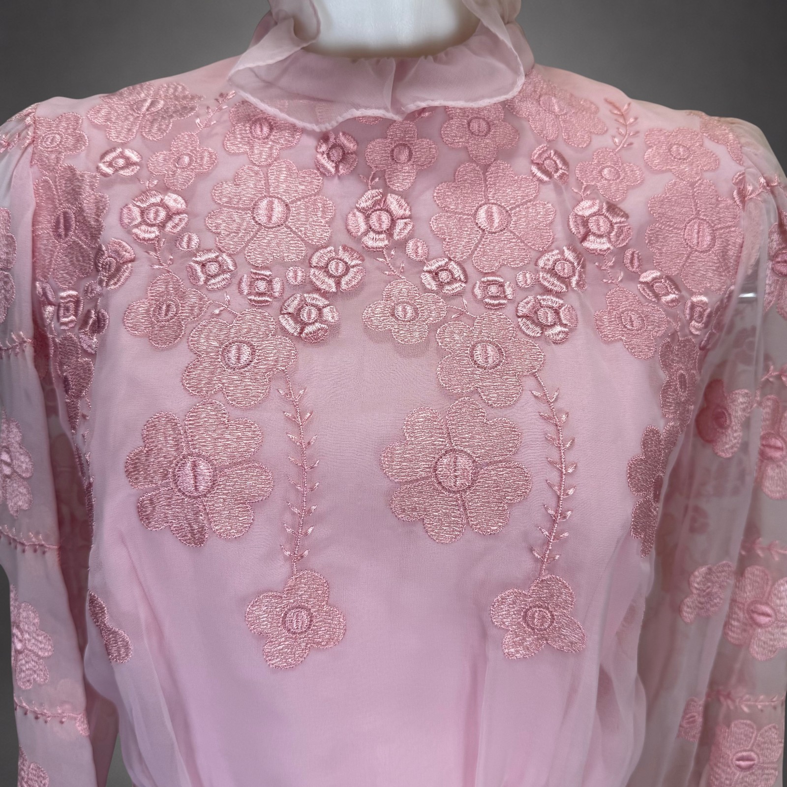 Vintage Miss Elliette California Pink Embroidered Chiffon Maxi Dress Size 12 NWT