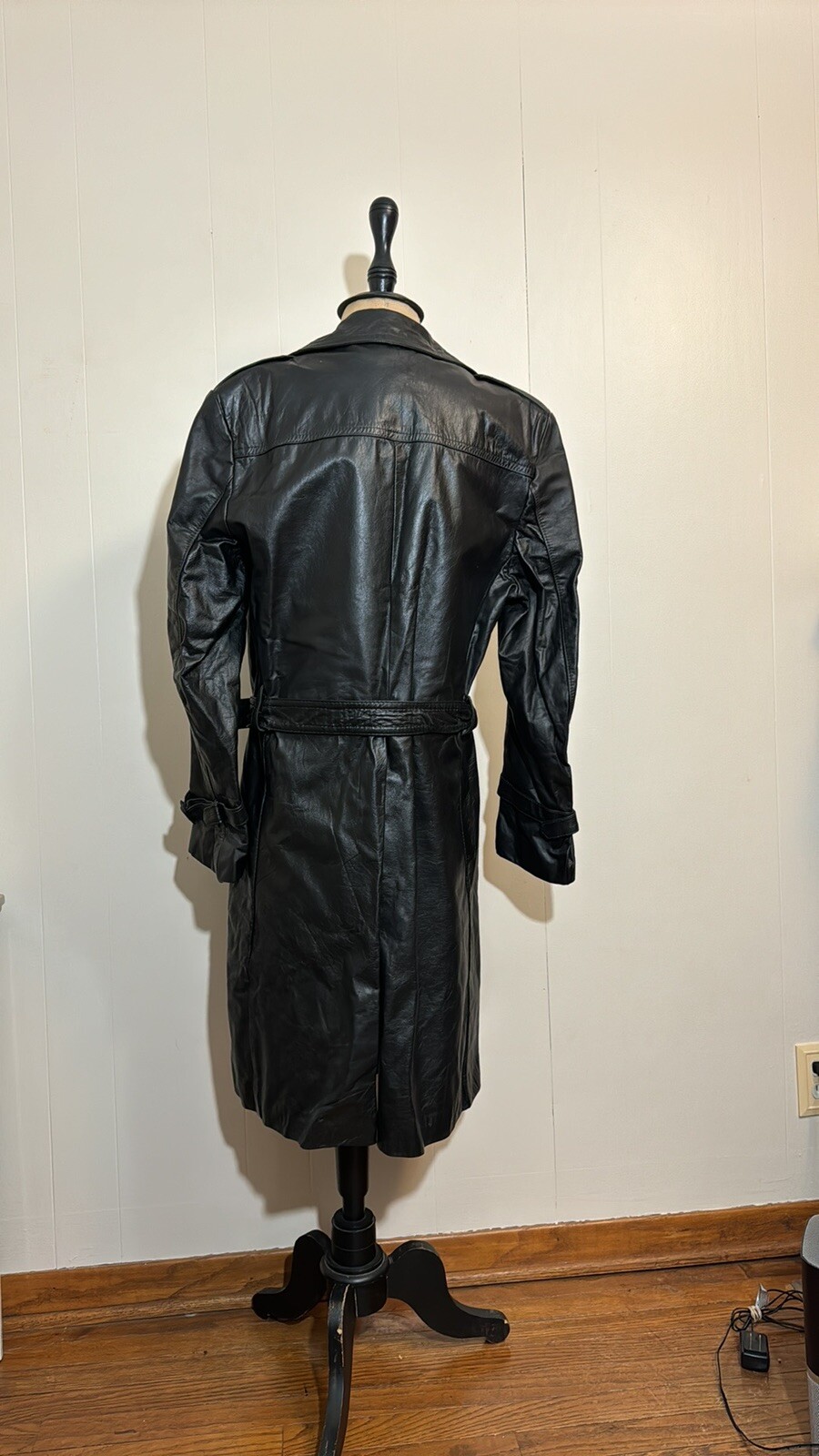 Leather Coat Made In Argentina Vintage Long Trench Black Lined Mob Wife Med