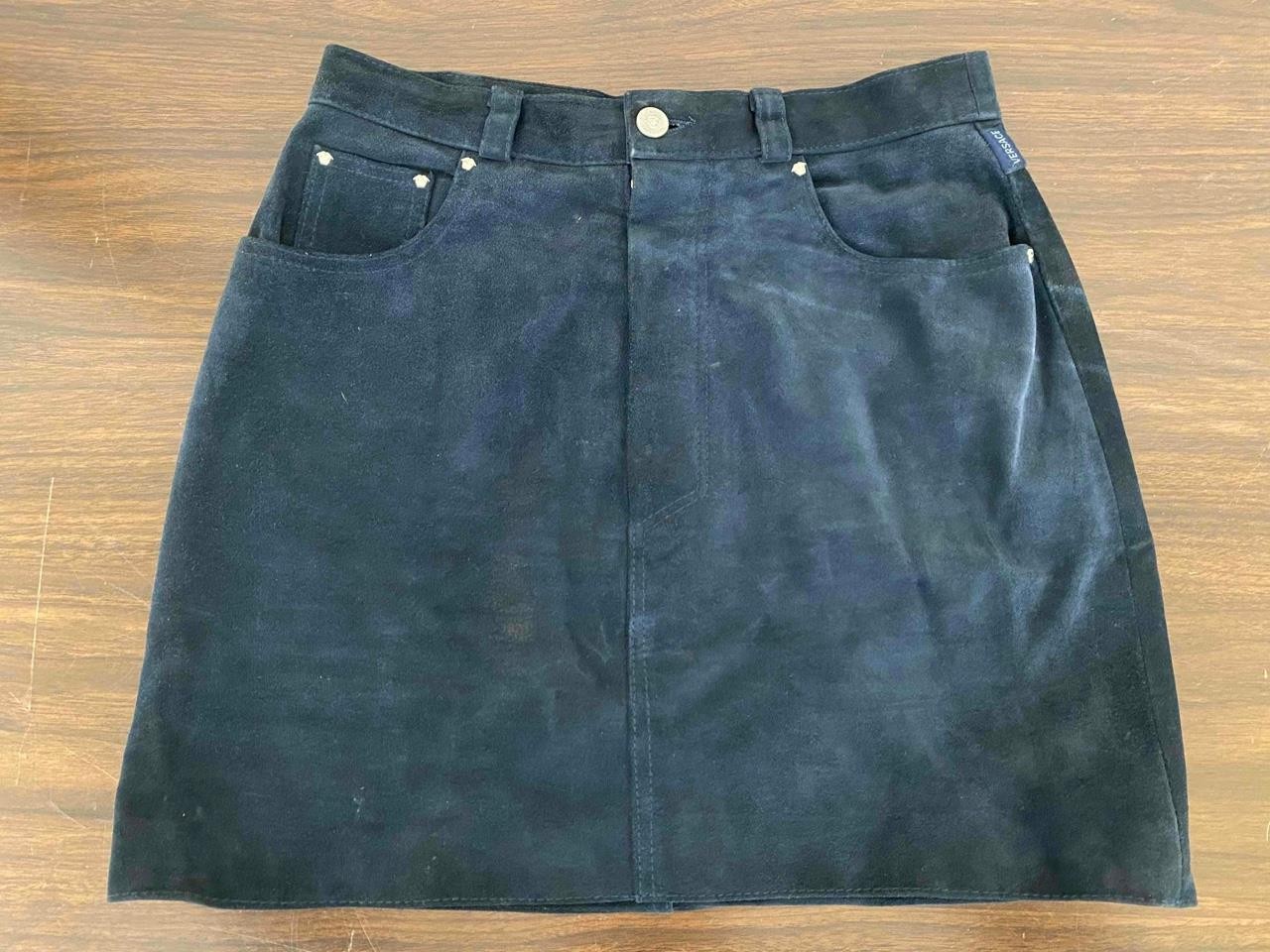 Vintage 1990s Versace Logo Jeans Couture Dark Blue Suede Mini Skirt Size 30/44