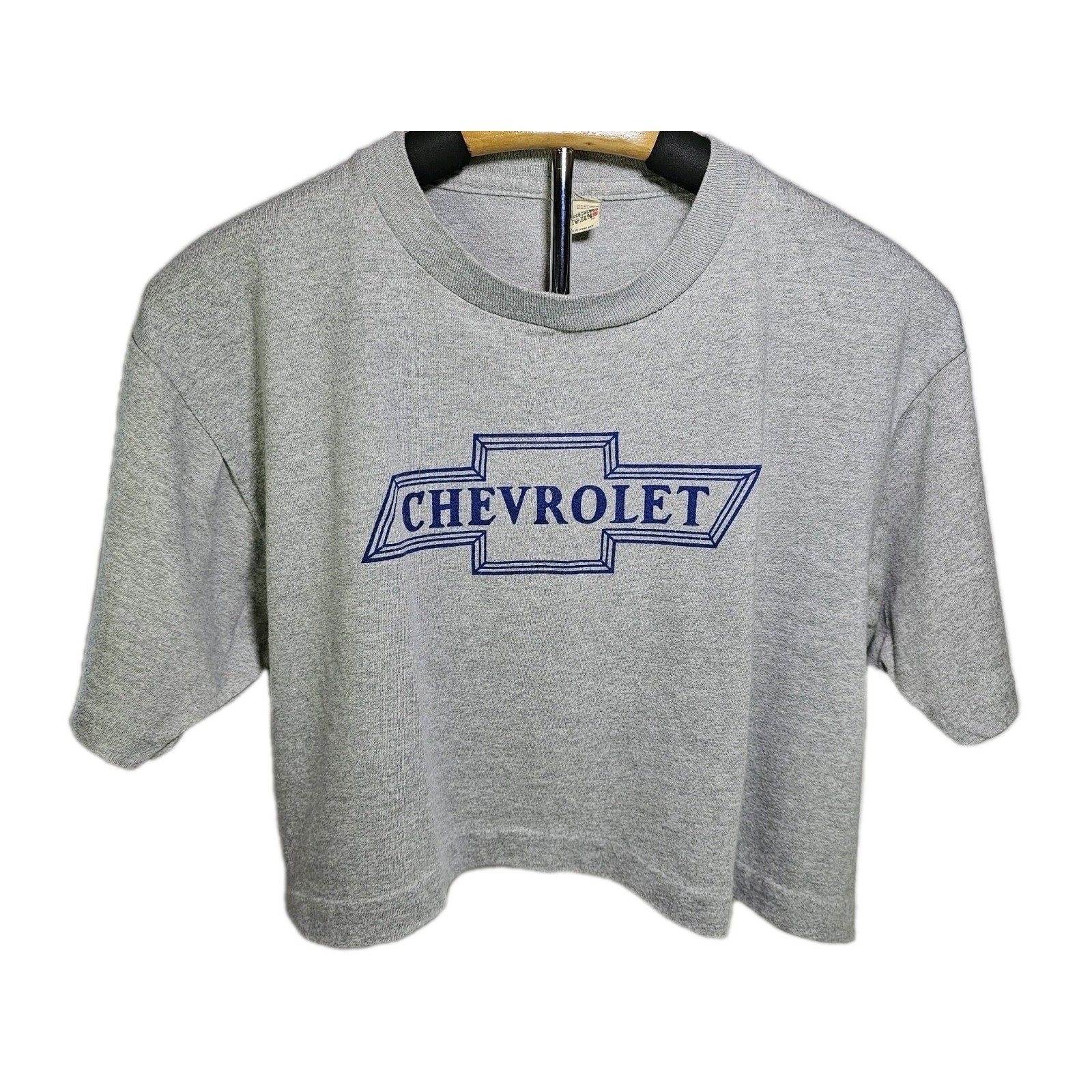 Vintage Screen Stars Chevrolet T-Shirt XL Gray Cropped Chevy Bowtie 80s USA Made