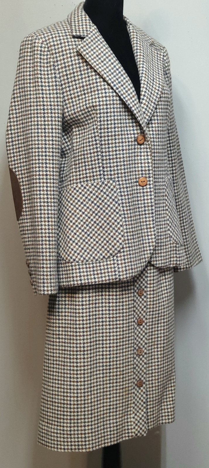 Vintage Prestige of Boston Wool Houndstooth Skirt Suit Blue Brown Cream Size 14