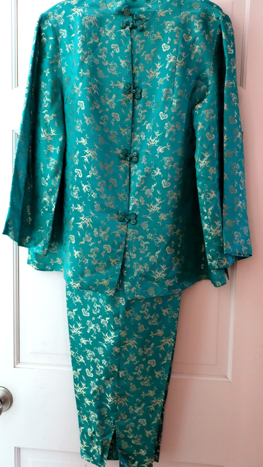 VINTAGE 1940s KOREAN SILK WOMEN’s PAJAMAS LOUNGEWEAR COCKTAIL LUX JADE GREEN M