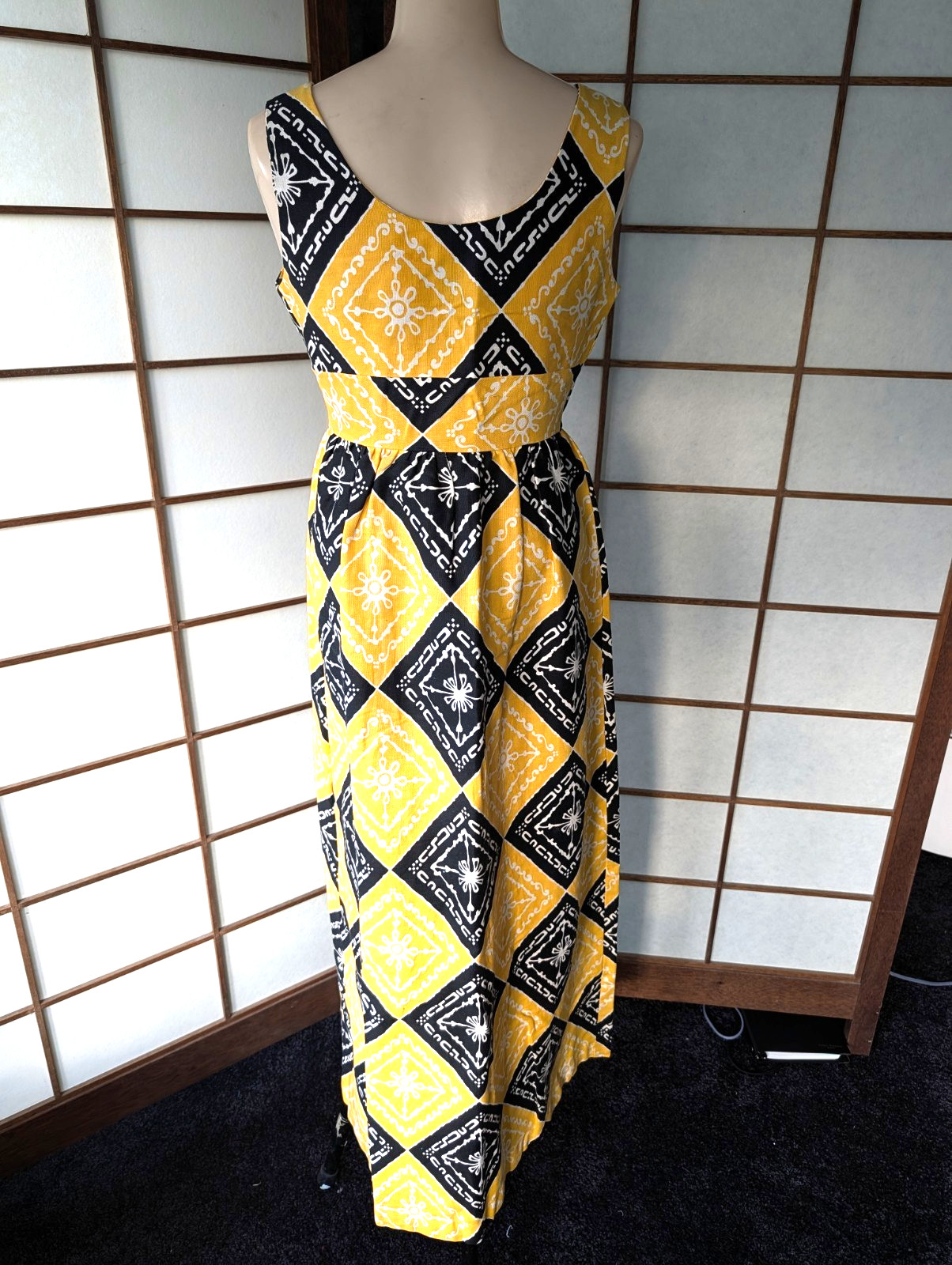 Vtg 70s Malama Hawaii Liberty House Maxi Dress MuuMuu Ylw & Blk Tribal Print XS