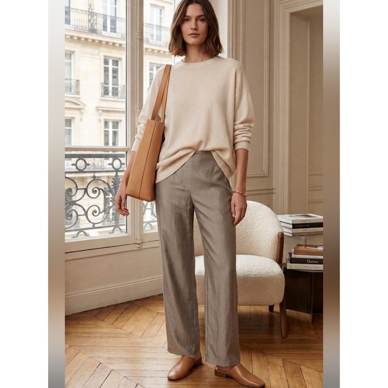 Vintage 90s Eileen Fisher Wide Leg Silk Pants Taupe NWT Small Old Money Luxury