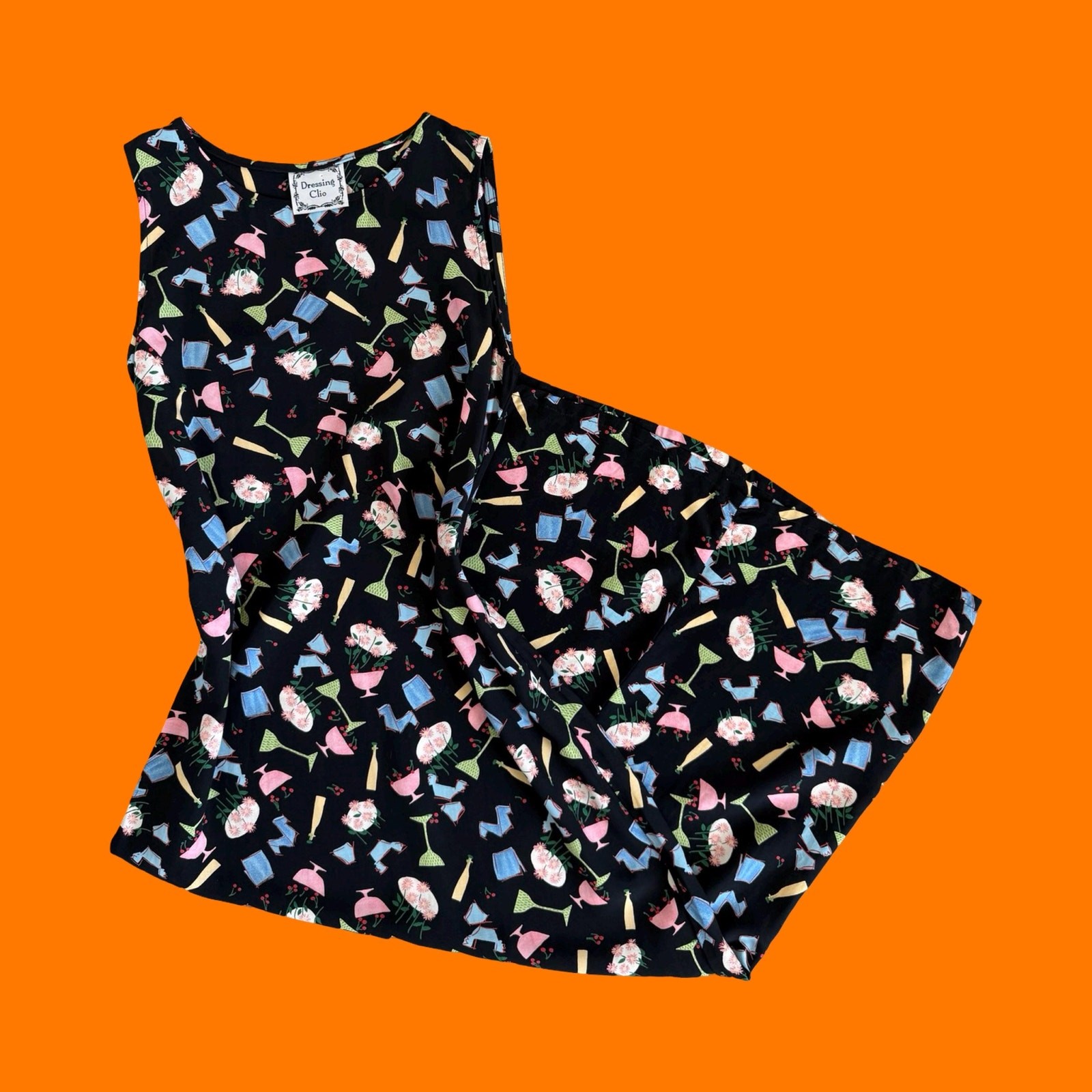 90’s vintage novelty cocktail print sleeveless maxi dress SMALL dressing clio