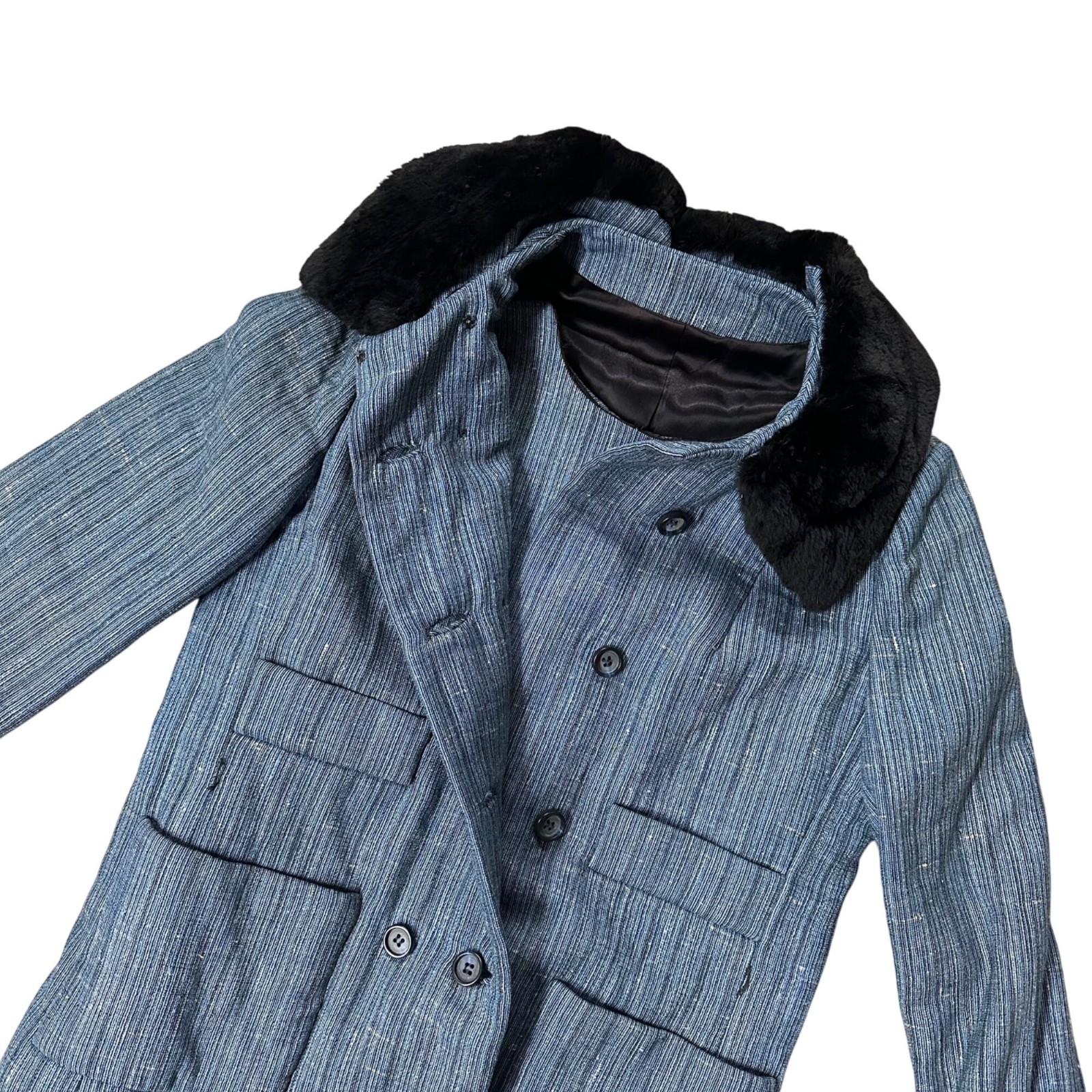 Vintage Womens Jacket Top Set Size 14 Blue Striped Fabric Faux Fur Lined Winter