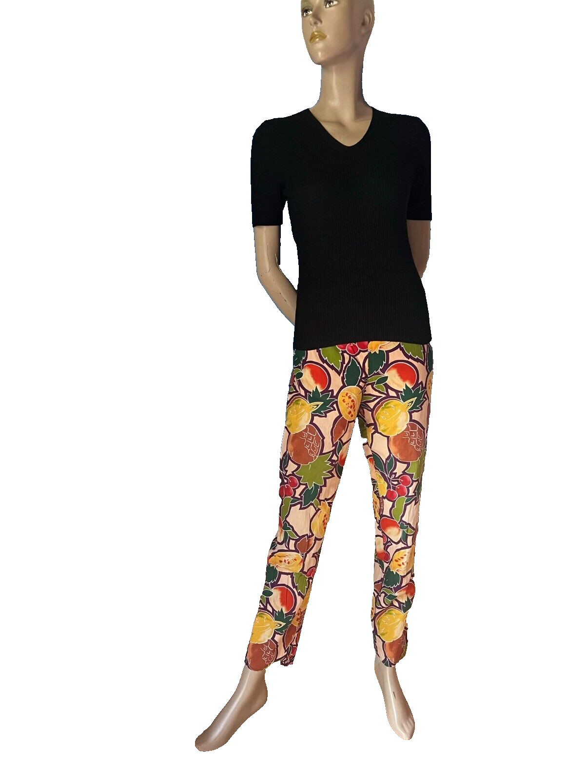 Vintage 1950s Cherry Print Cotton Pencil Pants S Fruit Pattern Crop Pant