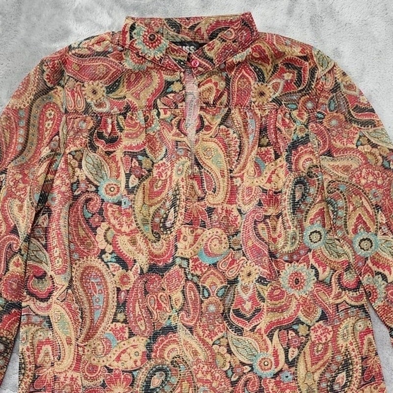 Vintage Russ Top Womens S Multicolor Shimmer Paisley Button Neck Balloon Sleeve