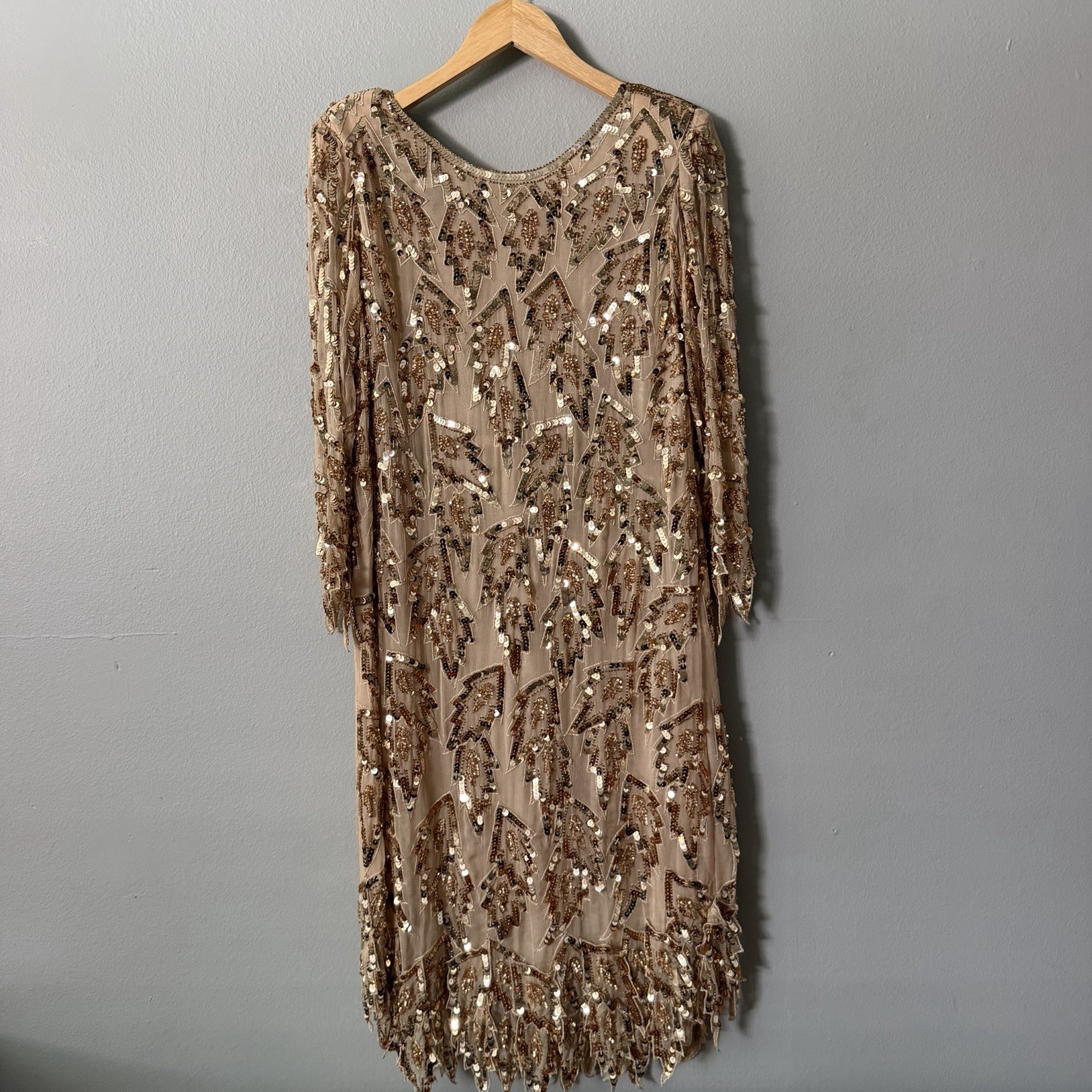 Vintage Scala Attributed 100% Silk Beaded Sequin Cocktail Dress M Champagne Gold