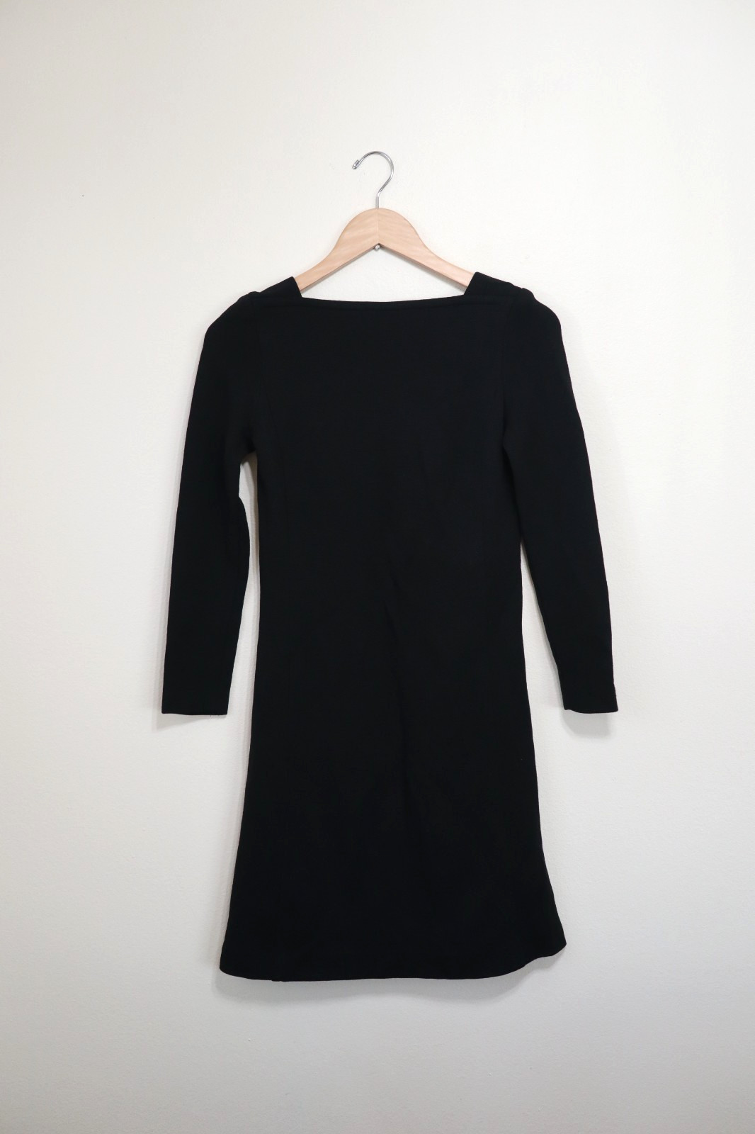 60s Vintage Black Knit Jersey Square Neck Long Sleeve Slim Shift Dress Women XS