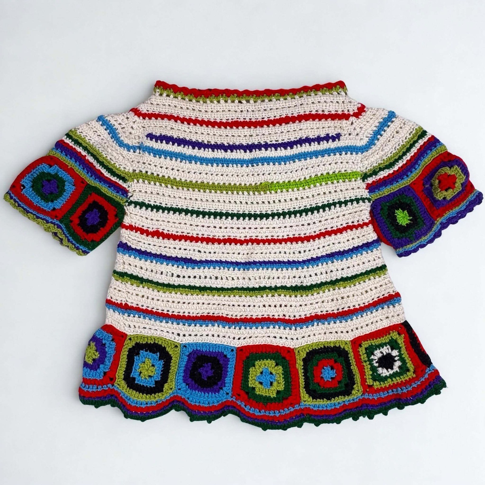 Vtg 70’s Crochet Granny Square Top Wool Rainbow Retro One Size See Measurements