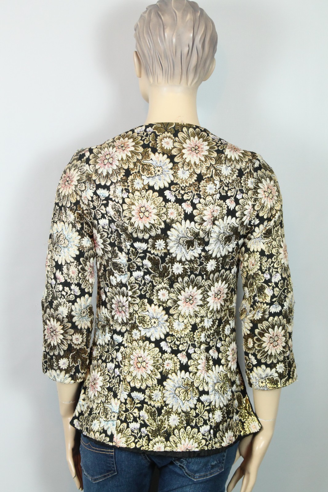 Vtg REVILLON BOUTIQUE PARIS Gold Multi-Color Floral Tailored Jacket Blazer XS/S