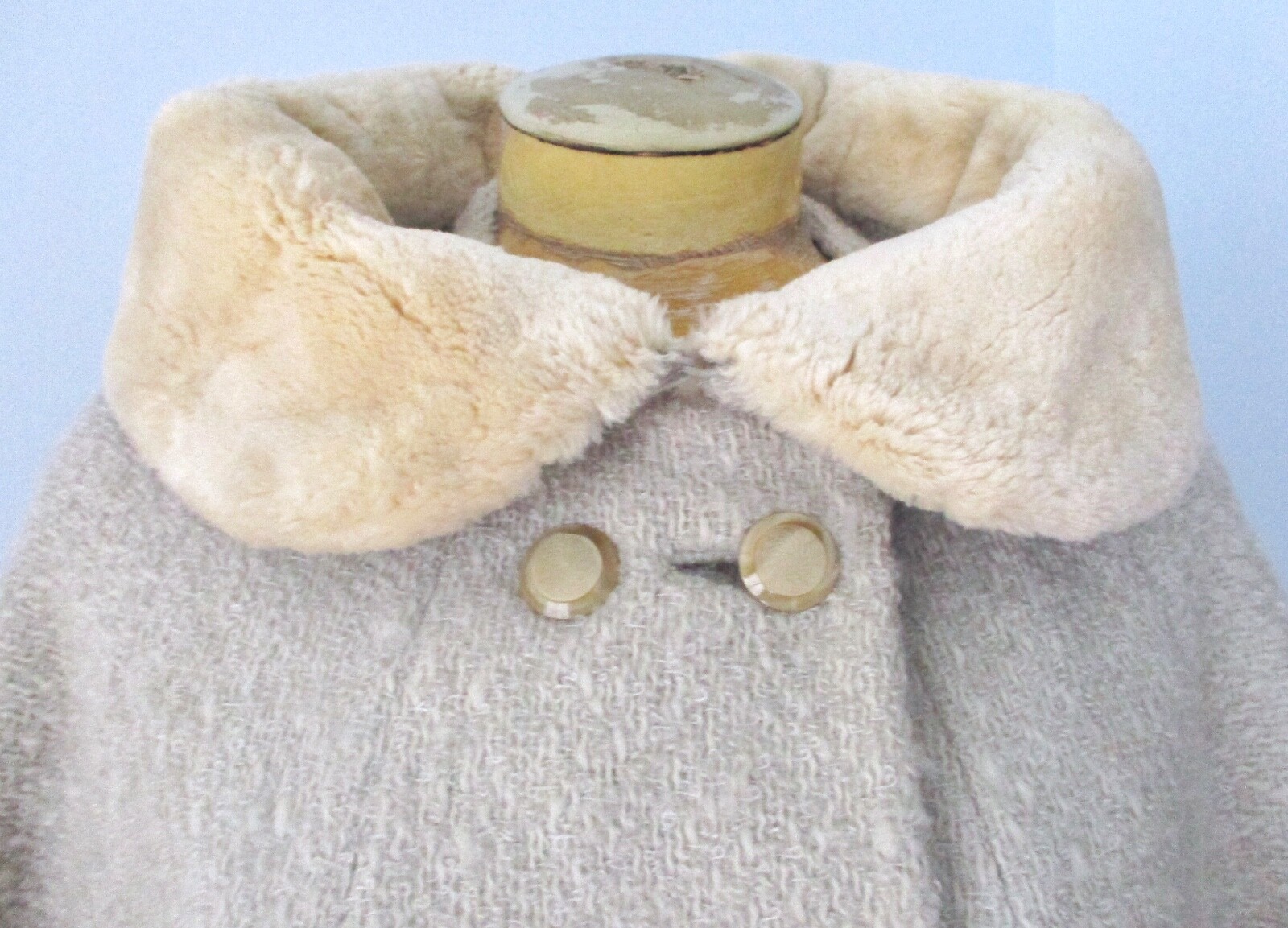 Vtg 50s Rockabilly VLV Freiss gray boucle swing coat cream sheared fur cuffs M/L