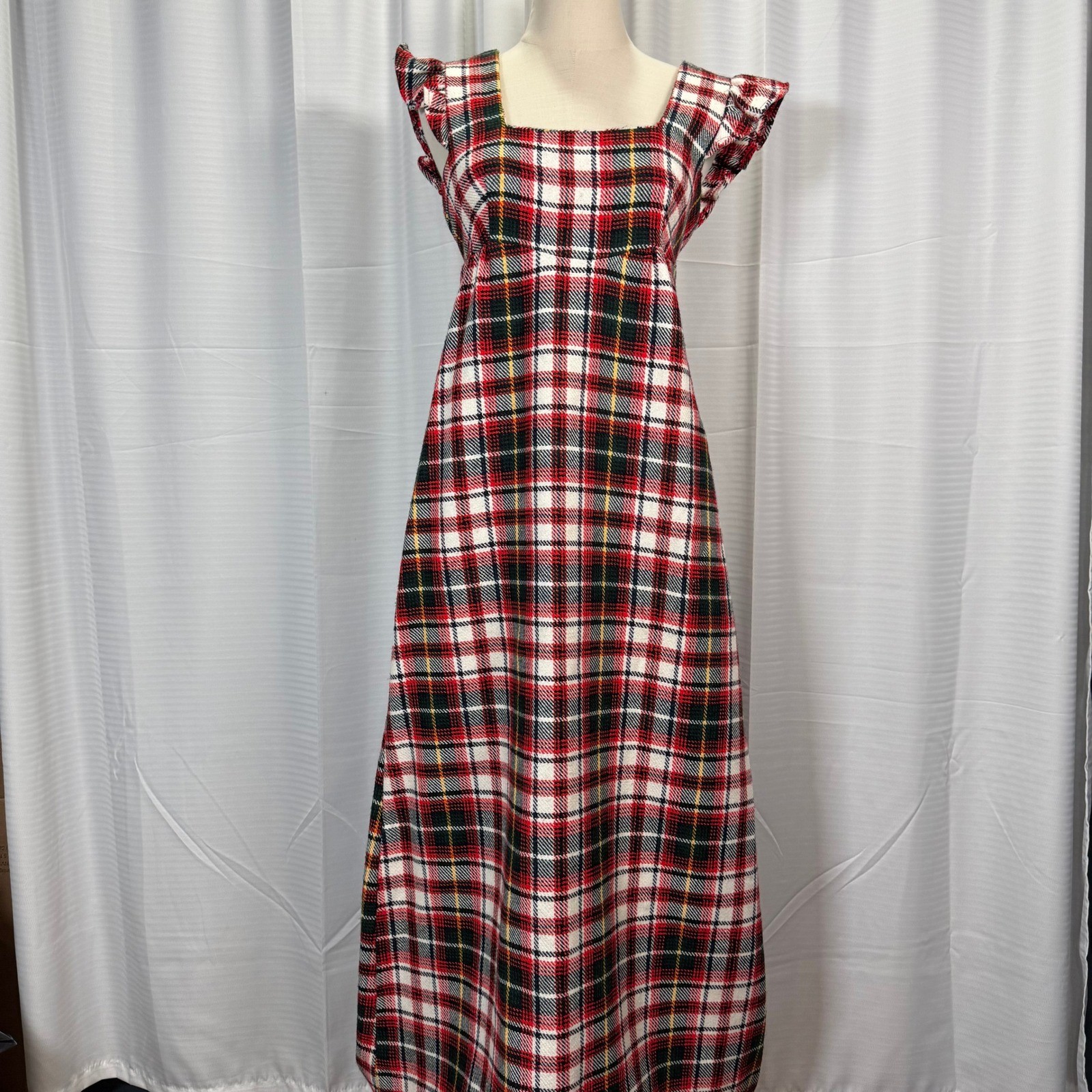 Vintage Oops California Plaid Maxi Dress Red Green Ruffle Empire Waist 70s Gown