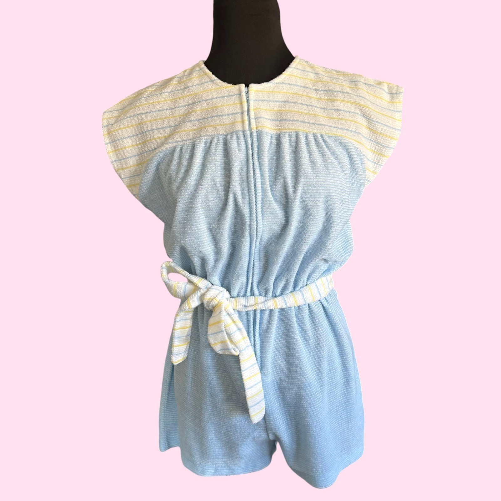 Vintage 70s Pastel Blue Striped Terry Cloth Romper Playsuit by Gina Size M