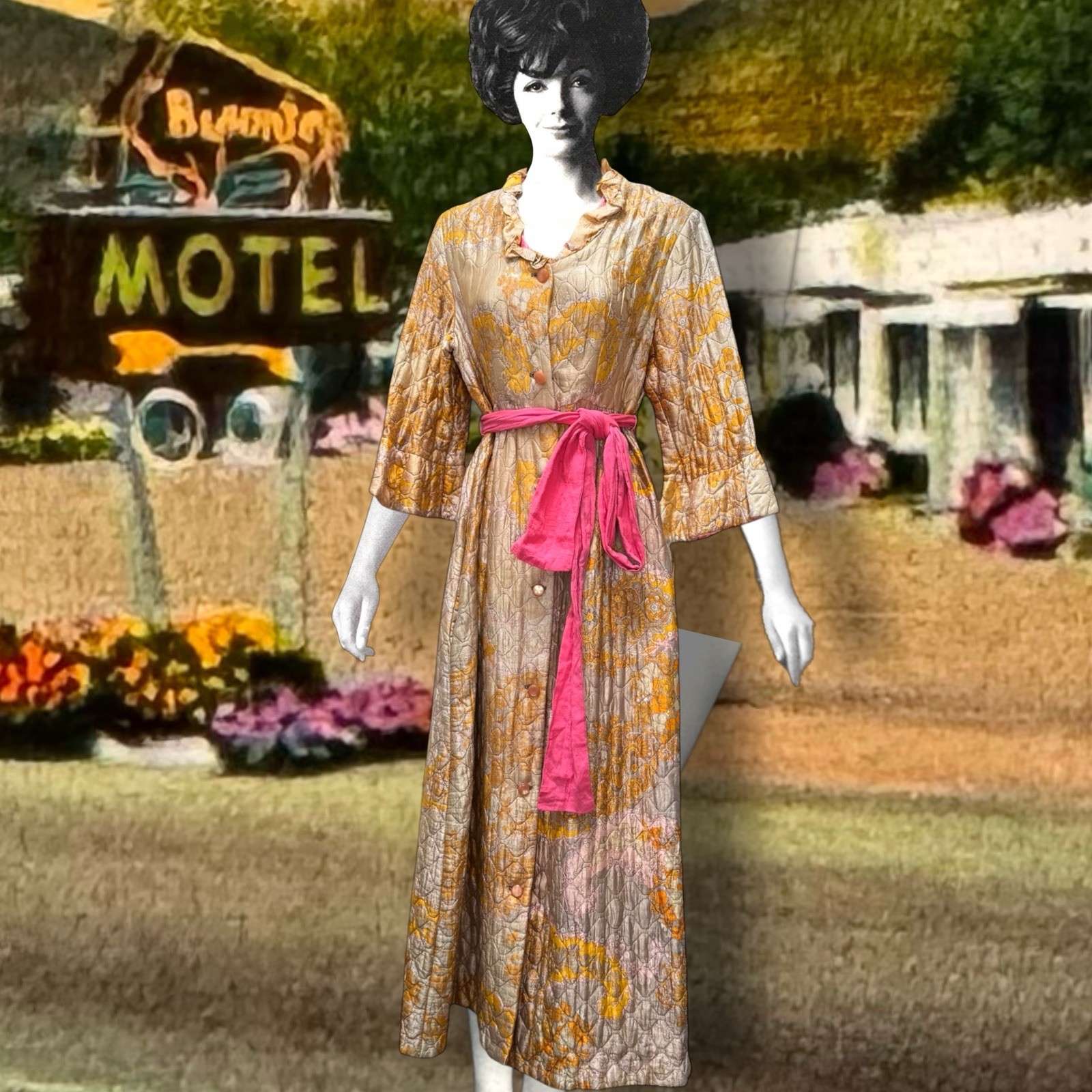 Vintage 1960s Quilted Hostess Gown Pink Sash Lounge Robe Psychedelic Print