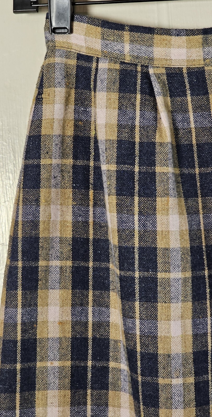 VTG 80’S Wool Pencil Skirt Women XS Blue Tan Pink Plaid Tartan Pleated Academia