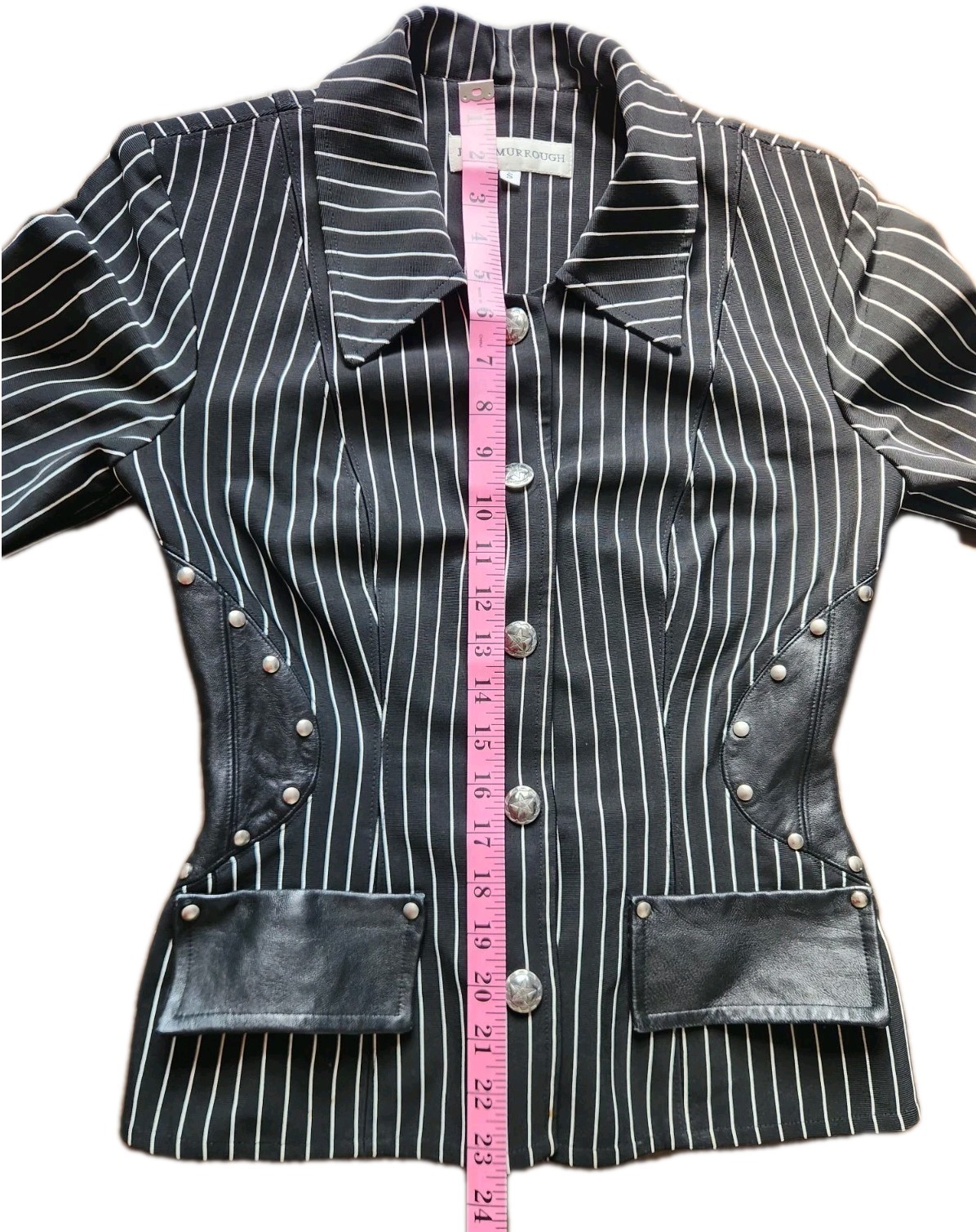 John Murrough Vtg Black Pinstripe Studded Leather Blazer Womens Size Small USA