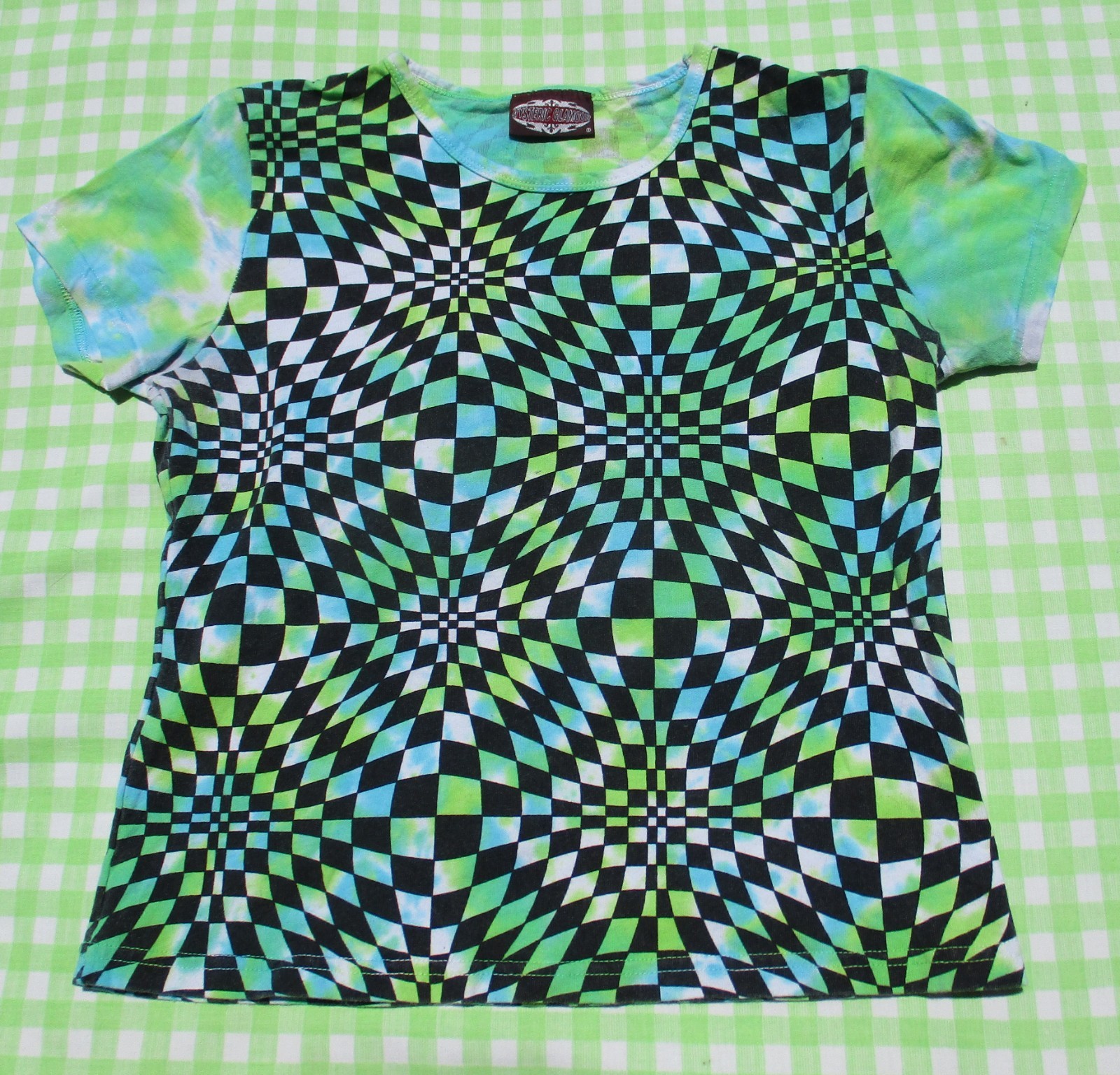 Vintage 90s Y2K Hysteric Glamour Green Tie Dye Illusion Checker Women’s Top S