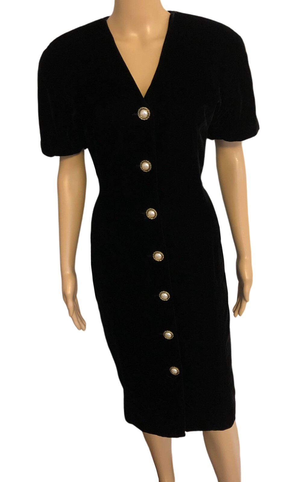 vtg Ms Chaus Black Velvet Button Front Dress Sz 8 Pearl Buttons Rockabilly