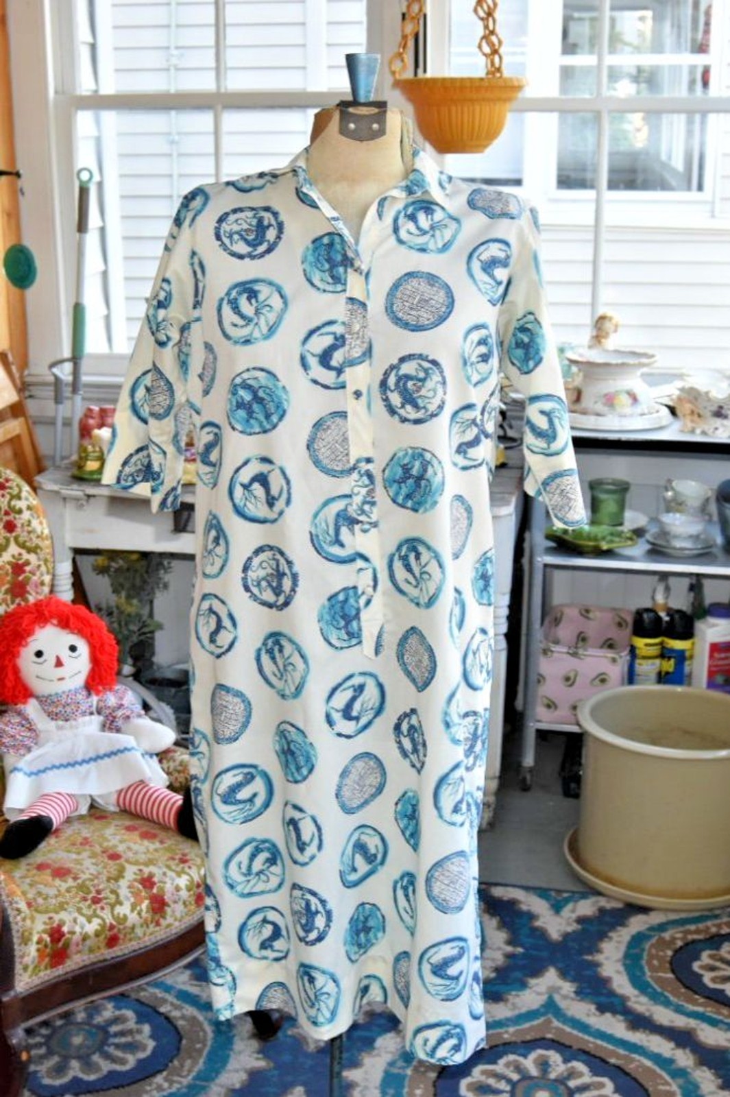 Vintage 1960s Lady Bayard House Dress Midi Blue White Stag Size Large