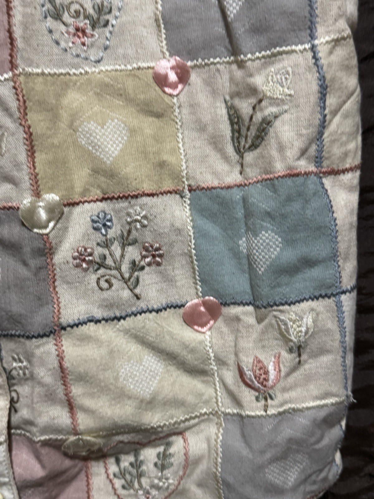 Tan Trums Hearts & Flowers Vest Cottagecore Lace Heart Buttons Cute Vtg 1990s