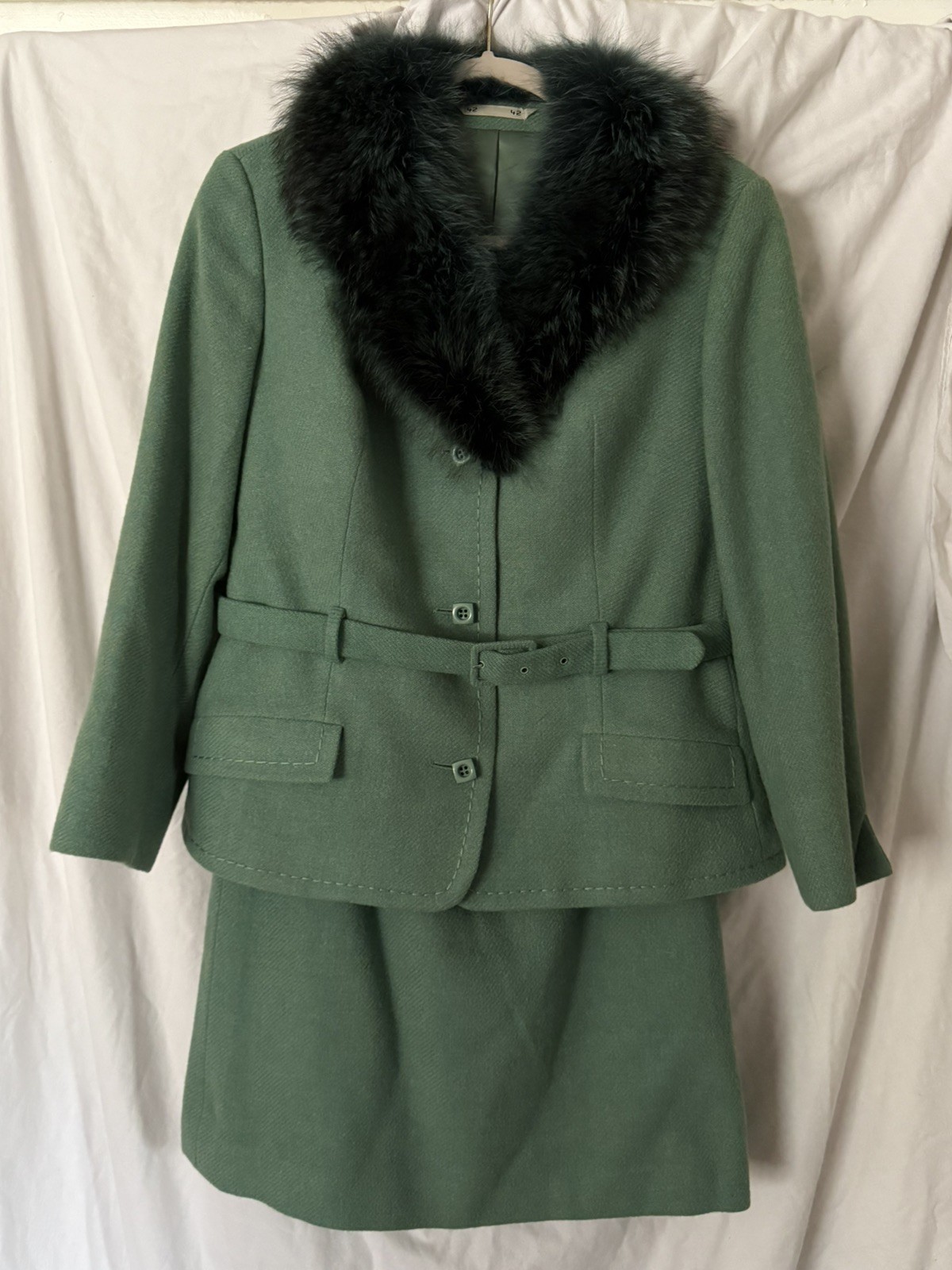 Vintage 1970s Canda Couture Pure Wool Skirt Suit Aqua Fur Collar Belted Sz 10/12