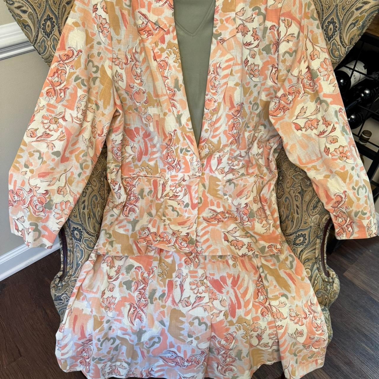 Southern Lady Vintage 3pc Skort Suit Set Blazer Tank Floral Peach Green Plus 18