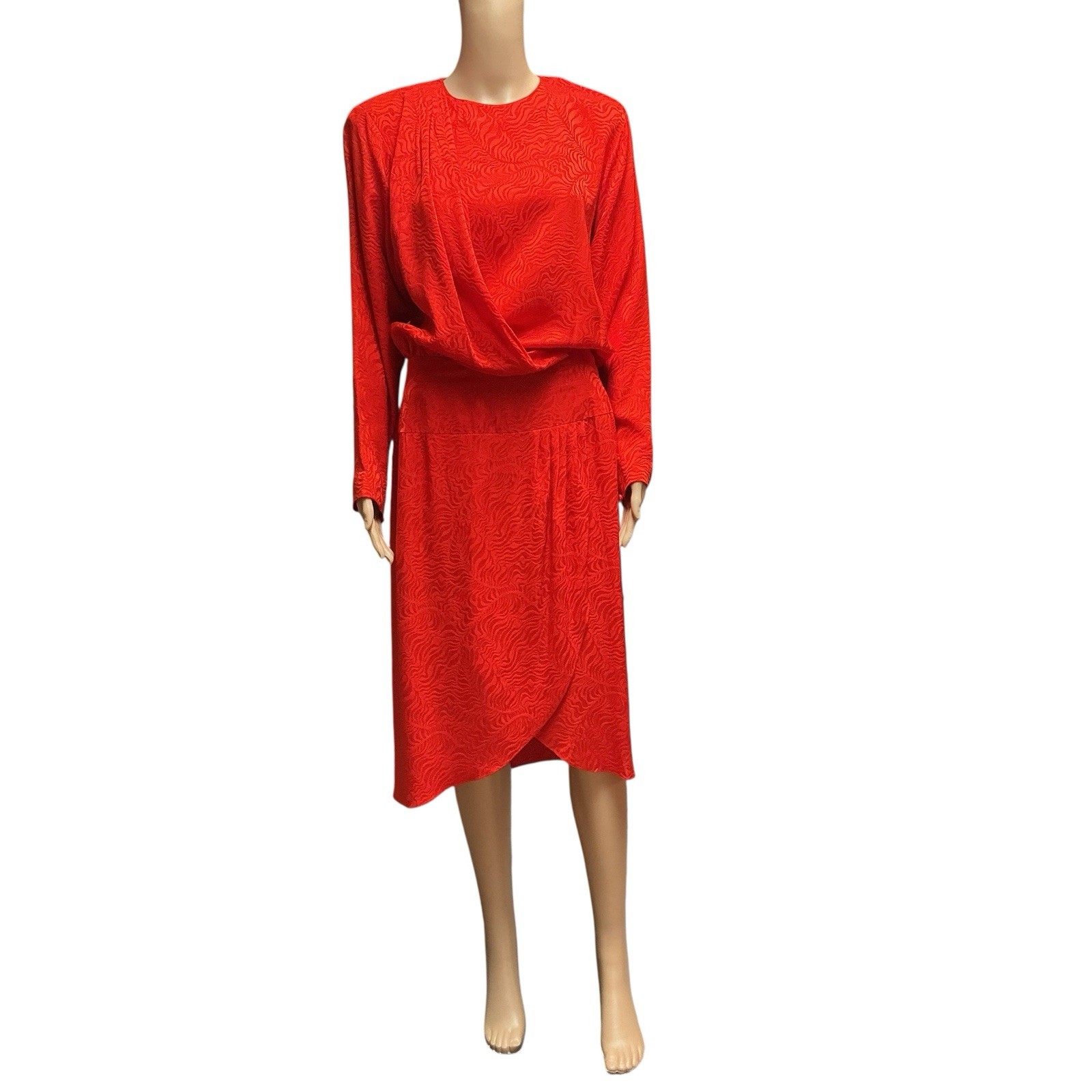 80s Liz Claiborne Red Silk Dress Floral Jacquard Blouson Modesty Career Midi