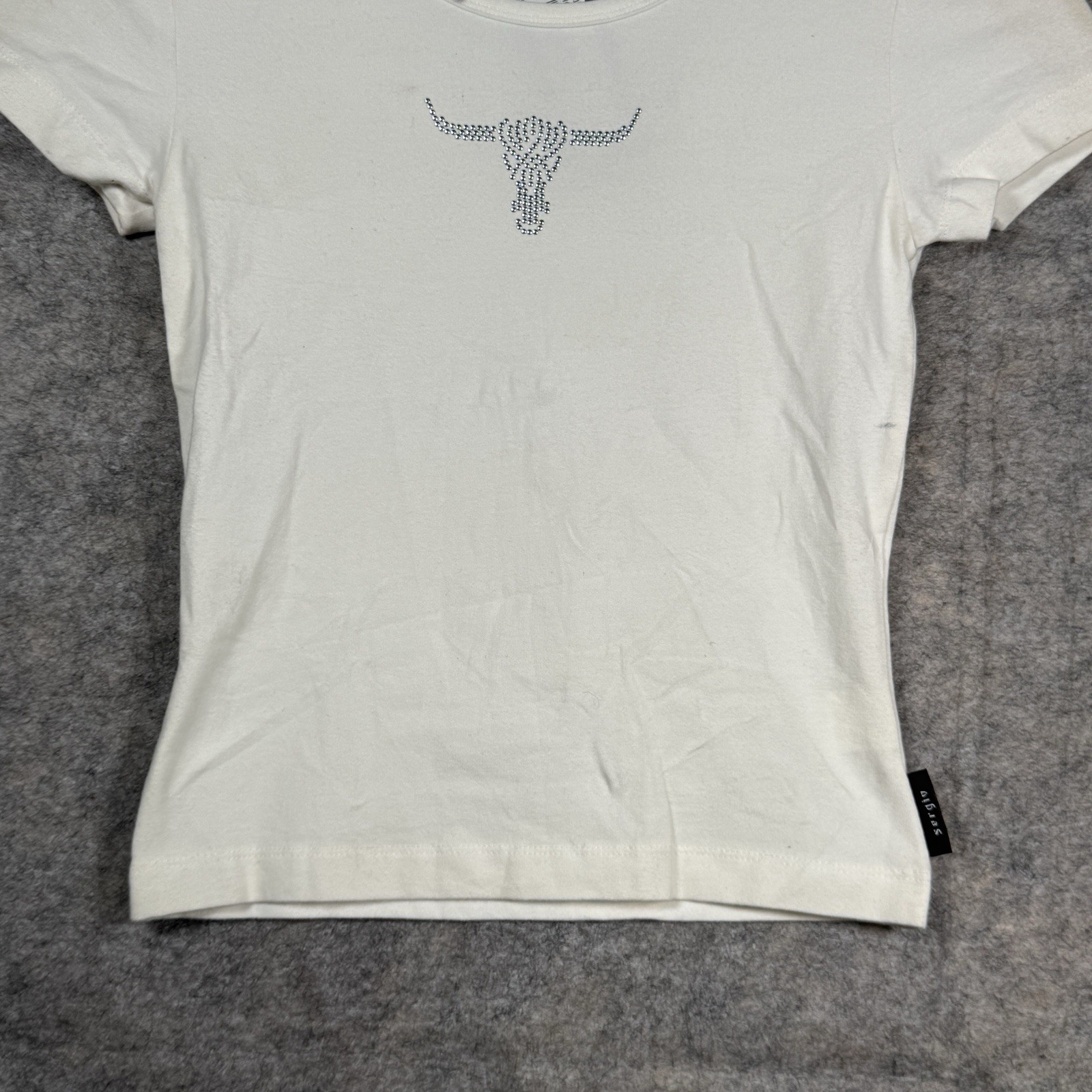 Vintage Womens Y2K NWT Sergio Valente White Short Sleeve Bedazzled Top Sz S