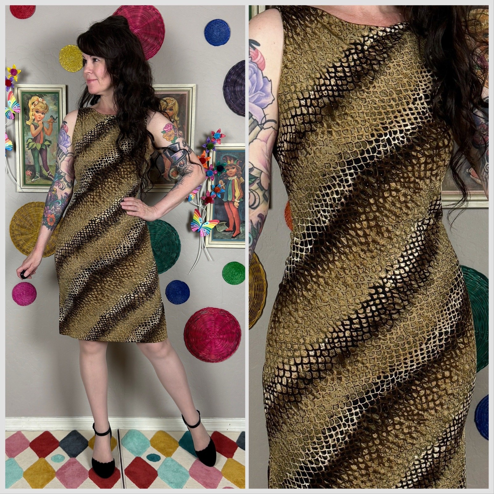 Vintage Y2K Brown & Gold Snakeskin Print Sleeveless Slinky Dress | Small Medium
