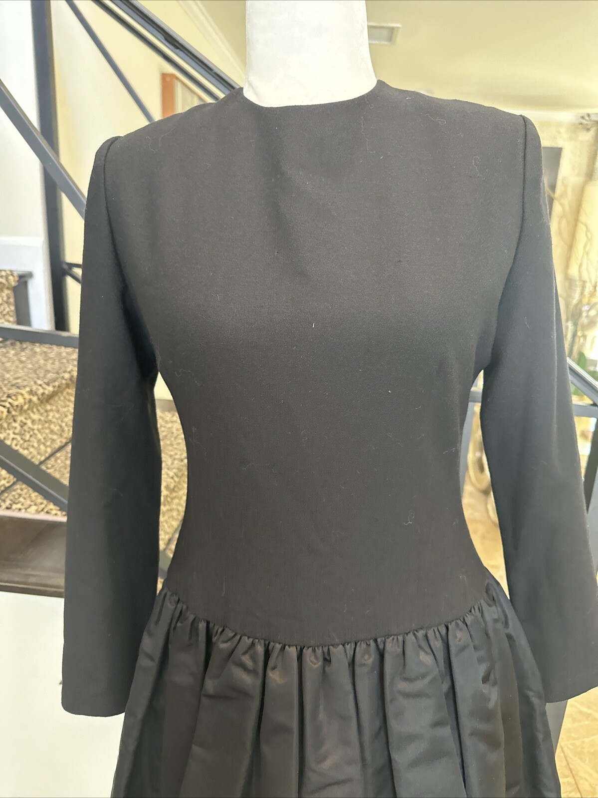 William Pearson 80s Black Wool Drop Waist Stiff Satin Balloon Skirt Dress Size 6