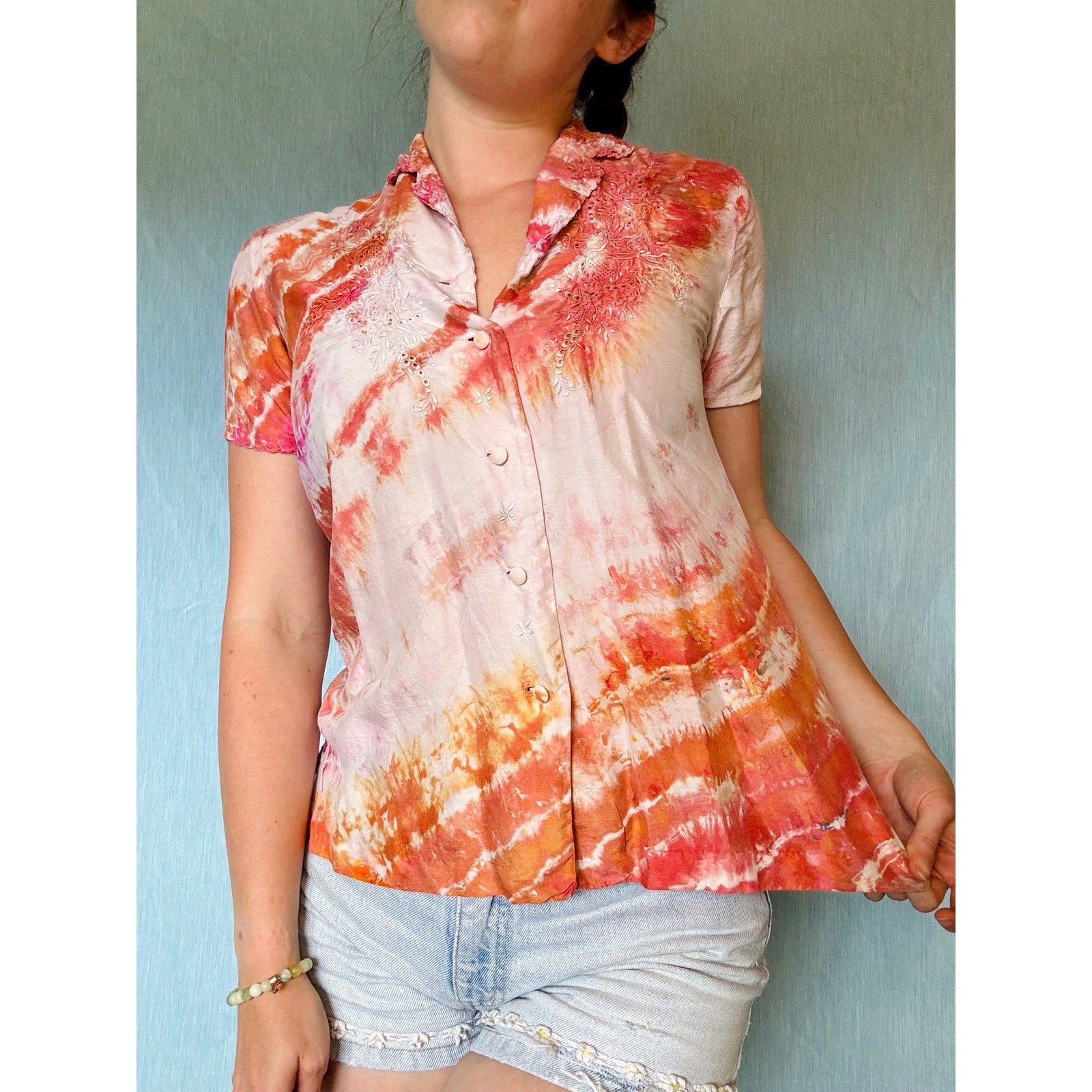 Shibori Dyed Vintage Silk Blouse Orange Pink Button Up Reworked Tie Dye Upcycled