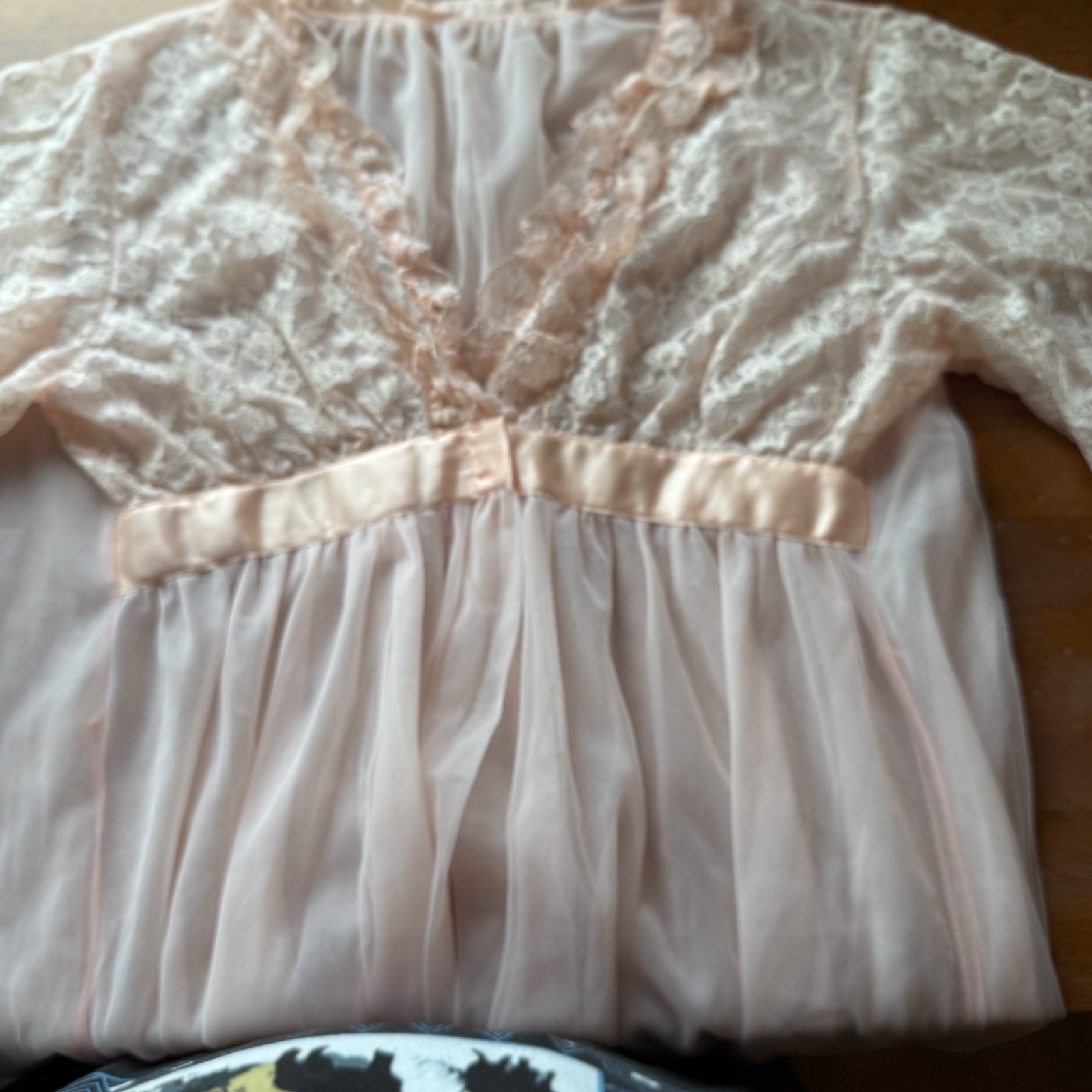 Vintage 60s Pandora Lingerie Peignoir M Nylon Double Chiffon Lace Puff Sleeves
