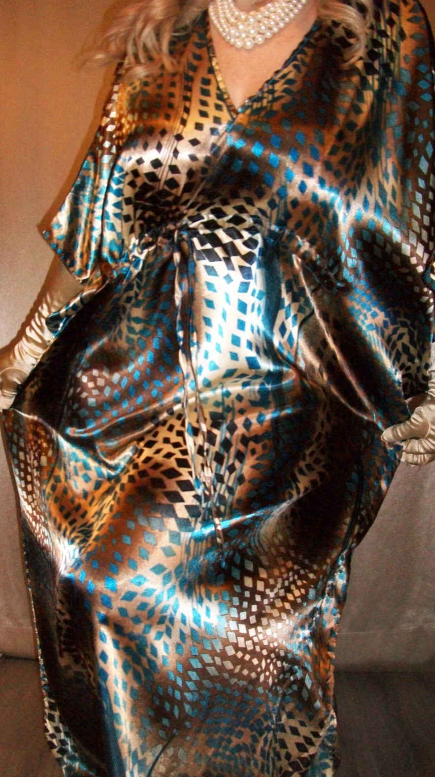 Vtg Gold Peacock Mocha Satin Nightgown L XL