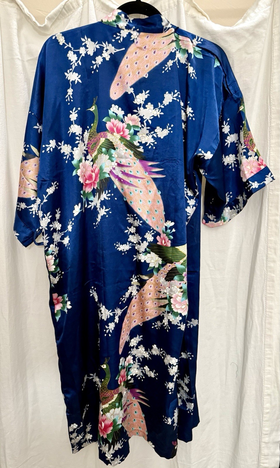 VTG 90s Silk Peacock Kimono Robe Blue Floral Statement Boho Lagenlook Luxe