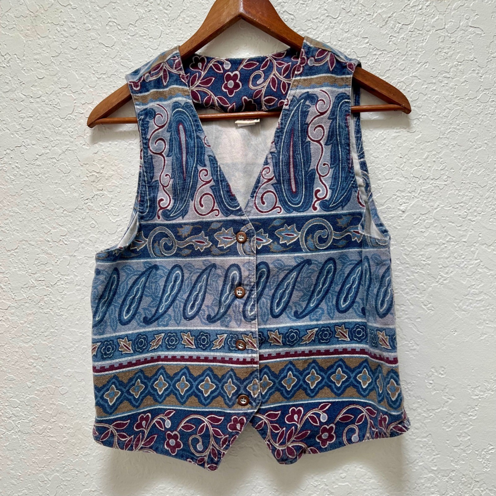 Vivaldi Jeanswear Vintage Paisley Floral Cotton Vest Blue Burgundy M 90s USA