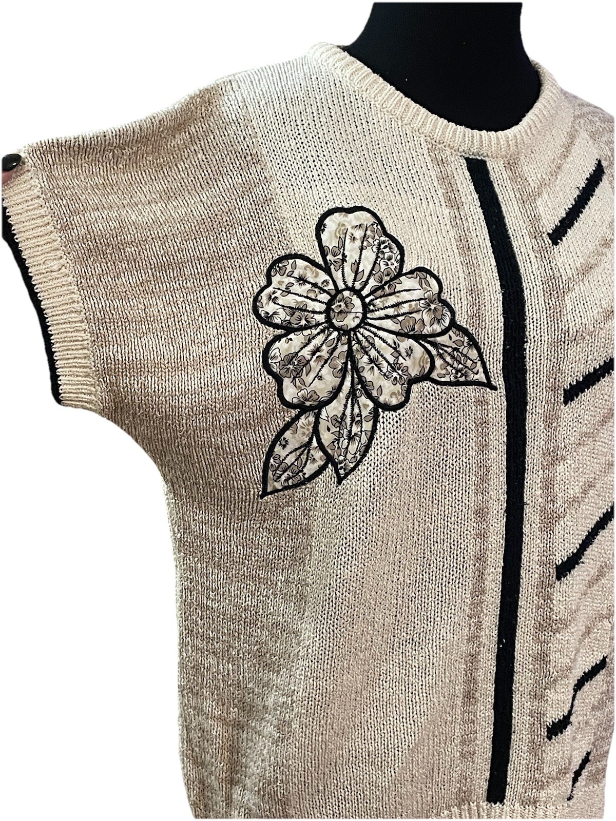 Koret Silk Shirt L Embellished Appliqué Flower Granny Hobo Vtg Short Sleeve