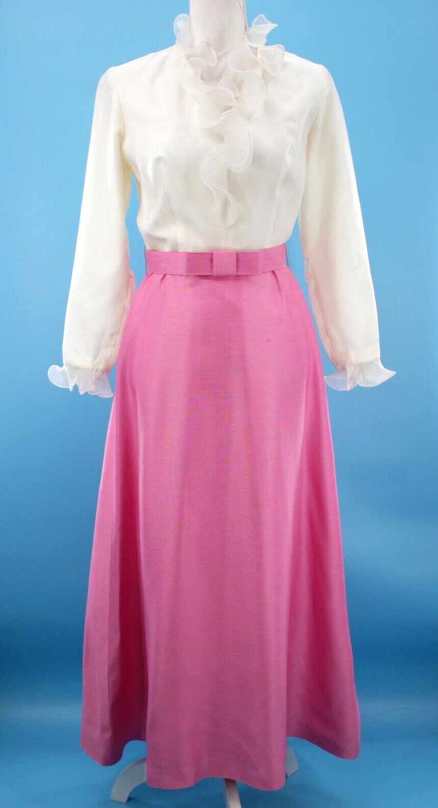 Vtg Women’s 60s 2 Pc Pink & White Ruffle Front Maxi Dress W/ Jacket XS/S 1960s