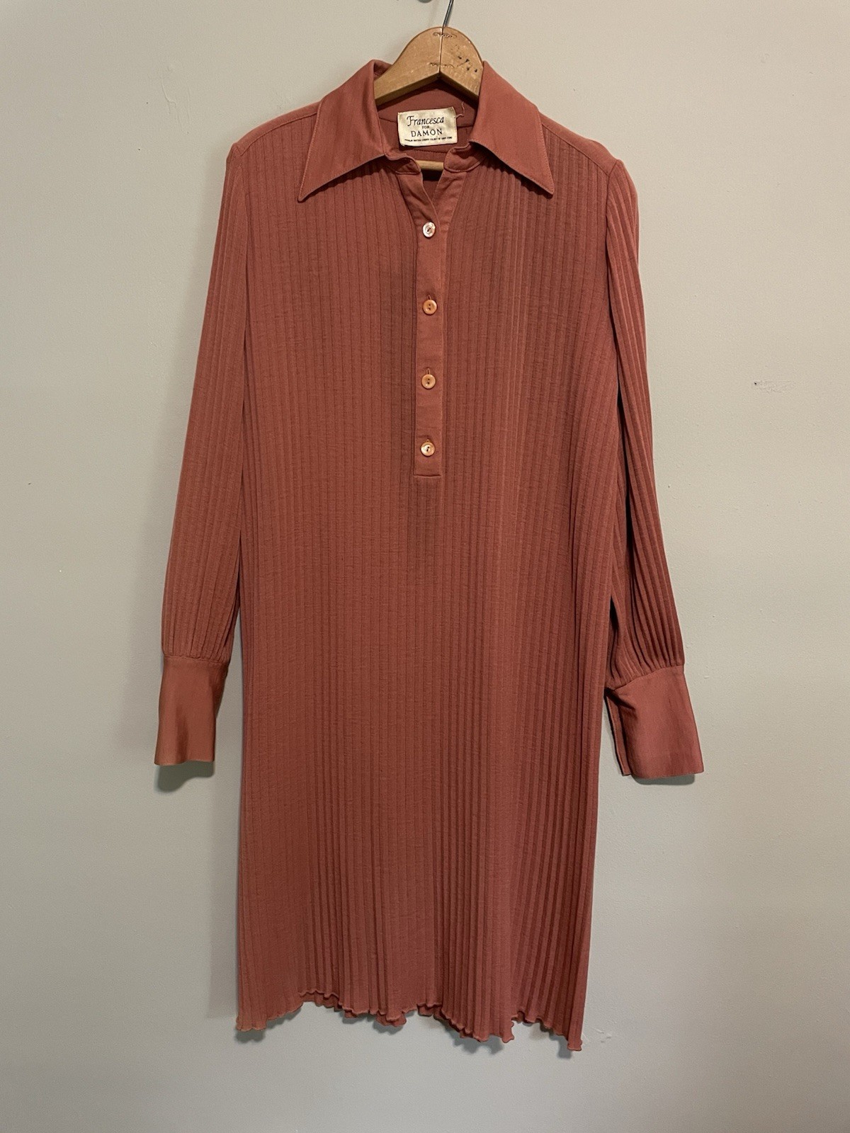 70s Francesca For Damon Dress 100% Wool Pleated Blush Guava Long Sleeve 8