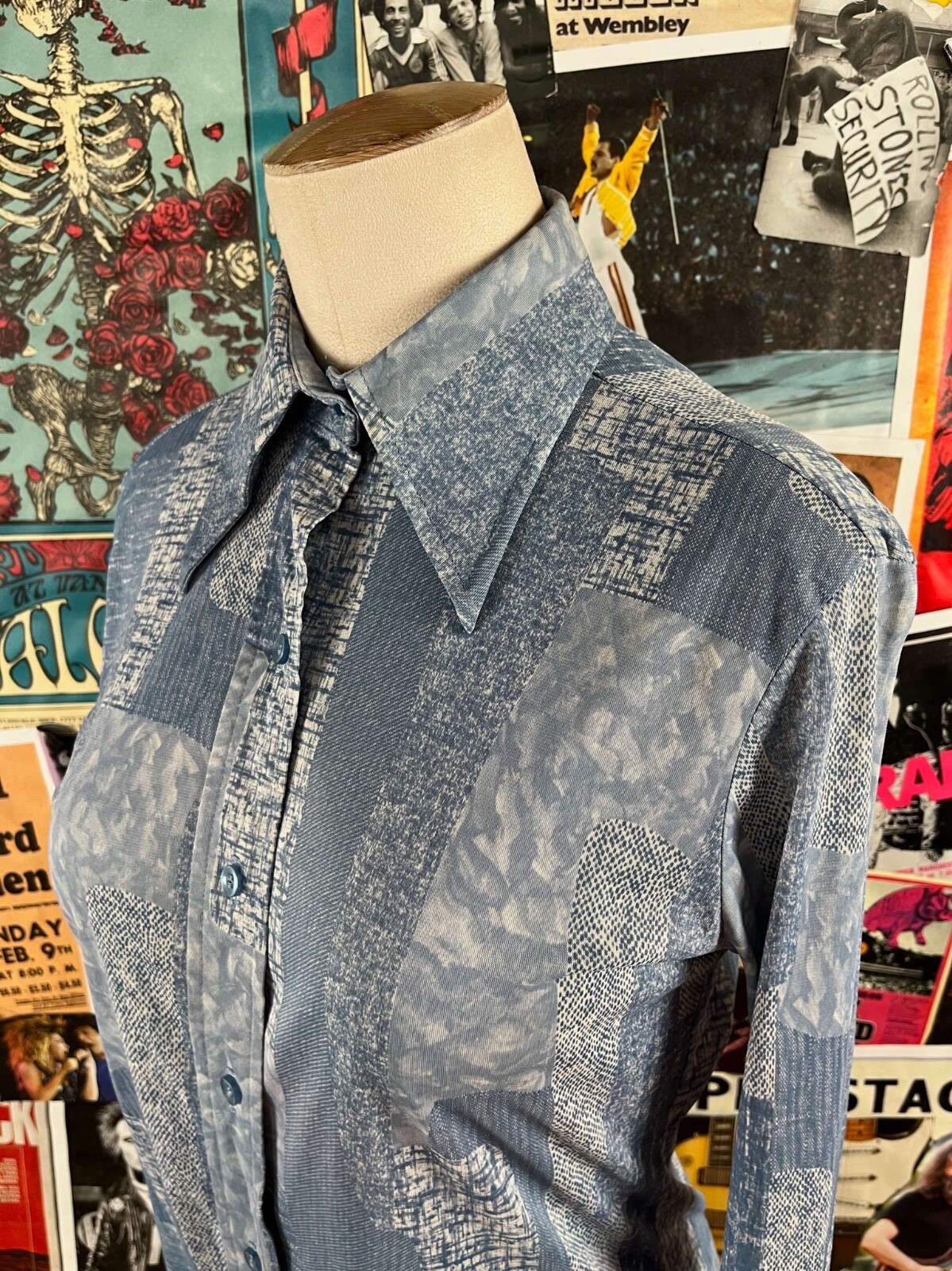 Vintage 70s Blue Mod Lady Arrow Blouse Disco Mod Womens Small Retro As Is