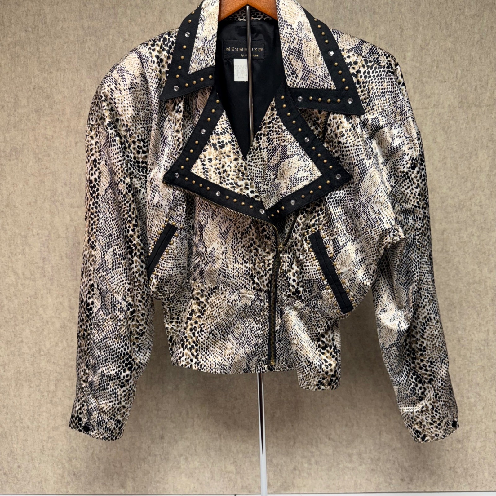 Vtg Mesmerize Snake Print Moto Jacket Studded Rhinestone Mob Wife Boho Medium
