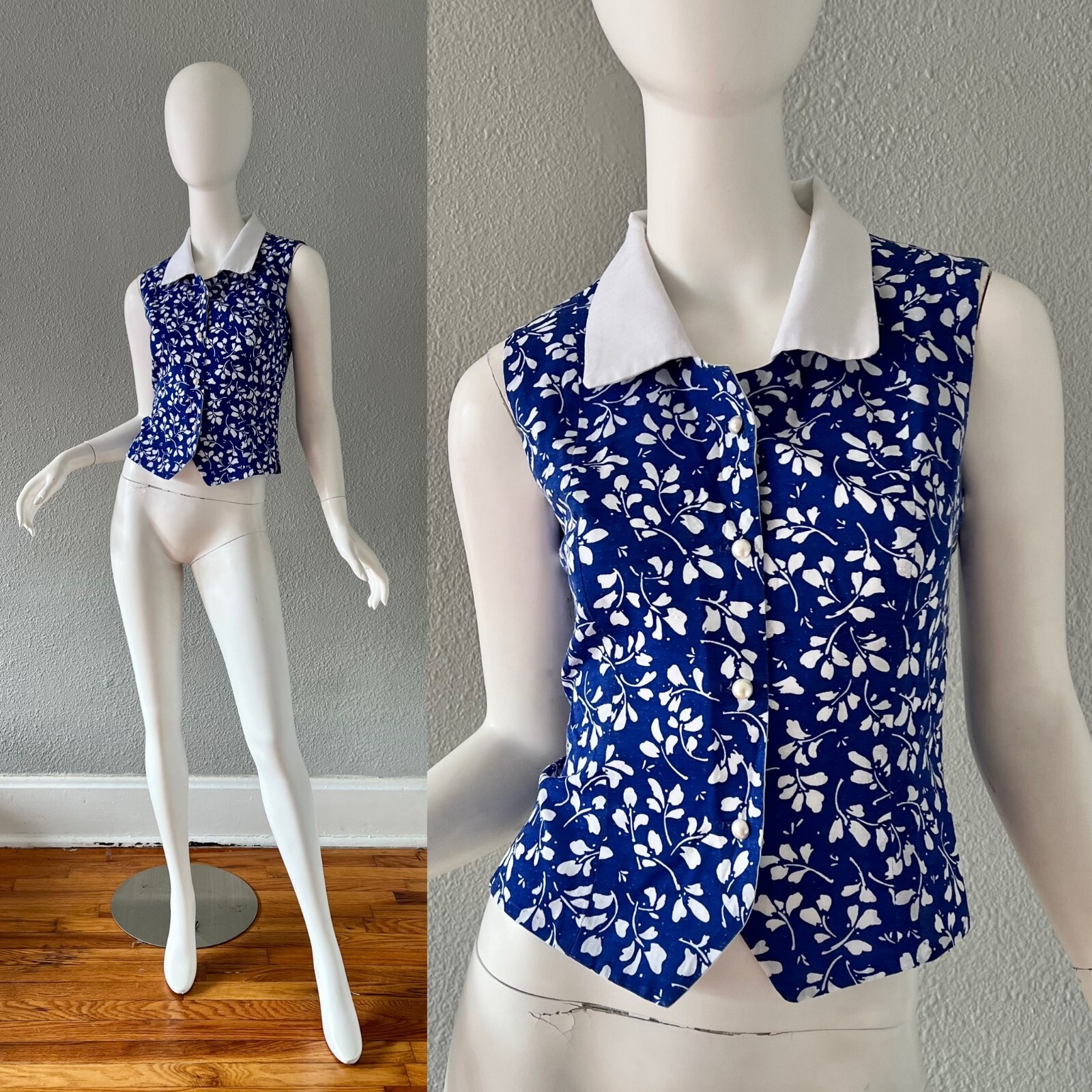 Vintage Blue Floral Pearl Button Down Sleeveless Pin Up Crop Blouse Top S/M