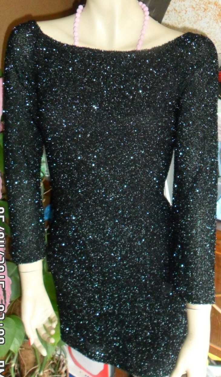PIANOFORTE by MAX MARA ORIGINAL VINTAGE 80s Black Dress/Dress Size 44 Shiny