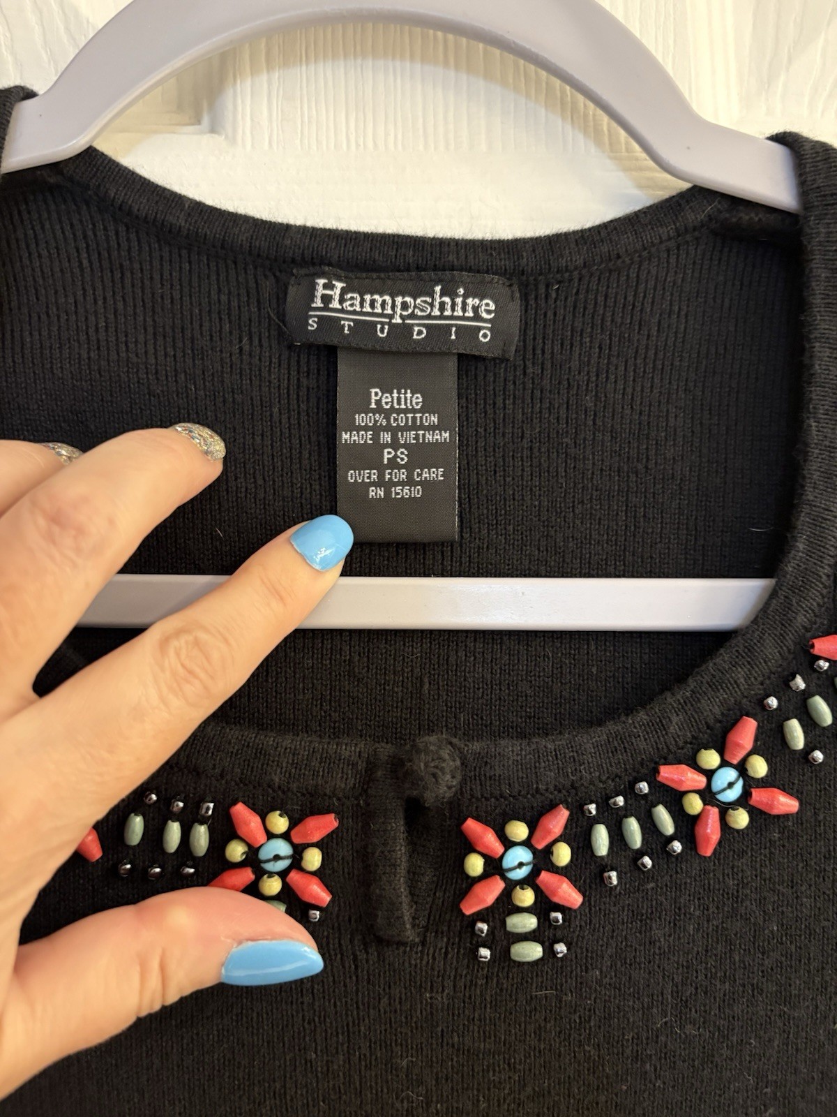 Vintage HampshireStudio 100% Cotton Petite Beaded Collar Ladies T Size Small